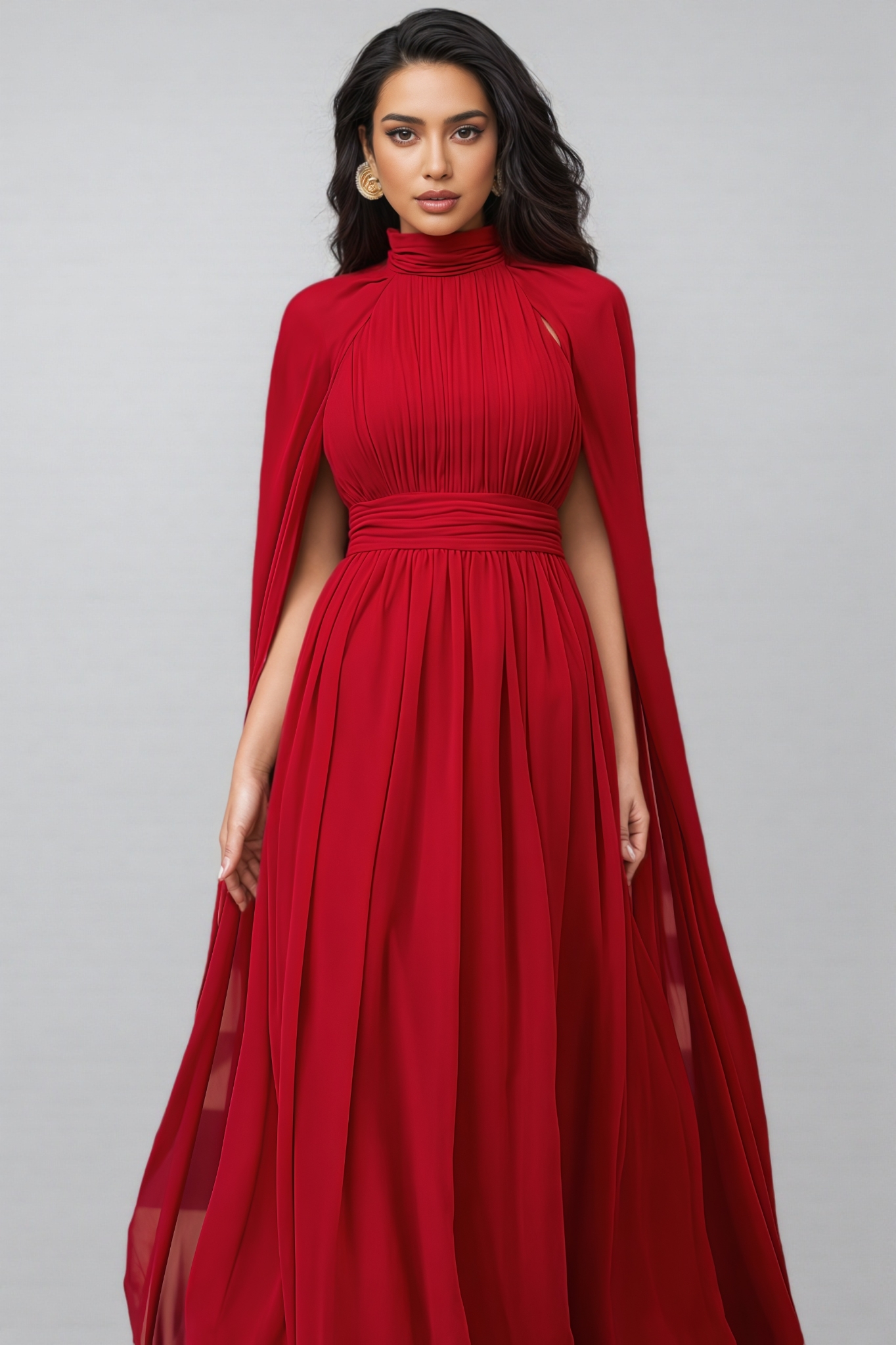 Ilthion Red Cape Sleeve Mesh Maxi Dress