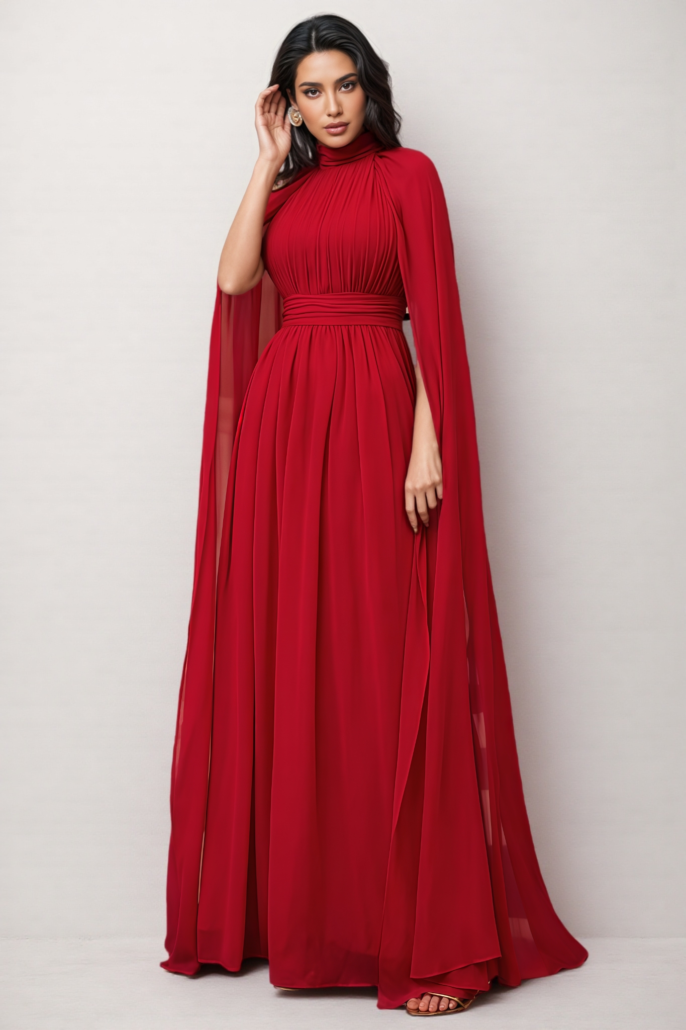 Ilthion Red Cape Sleeve Mesh Maxi Dress