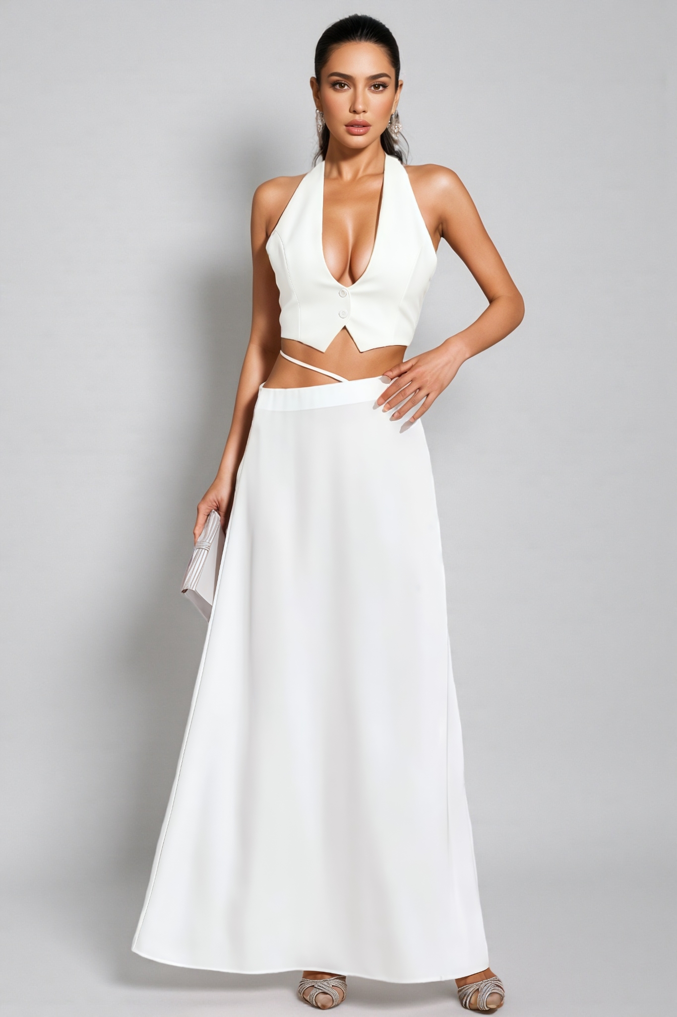 Aevorix White Halter Blazer Maxi Dress Set