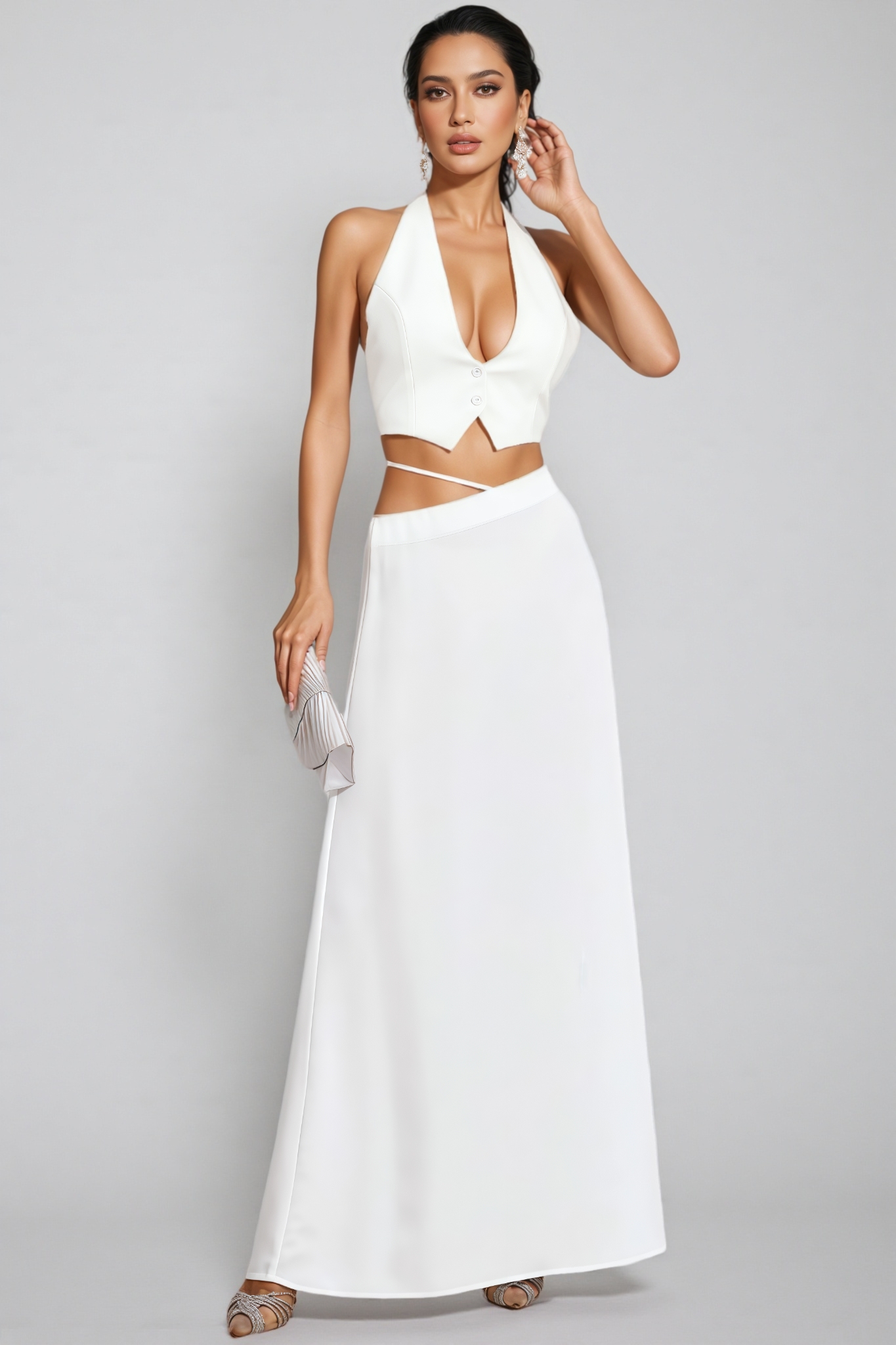 Aevorix White Halter Blazer Maxi Dress Set