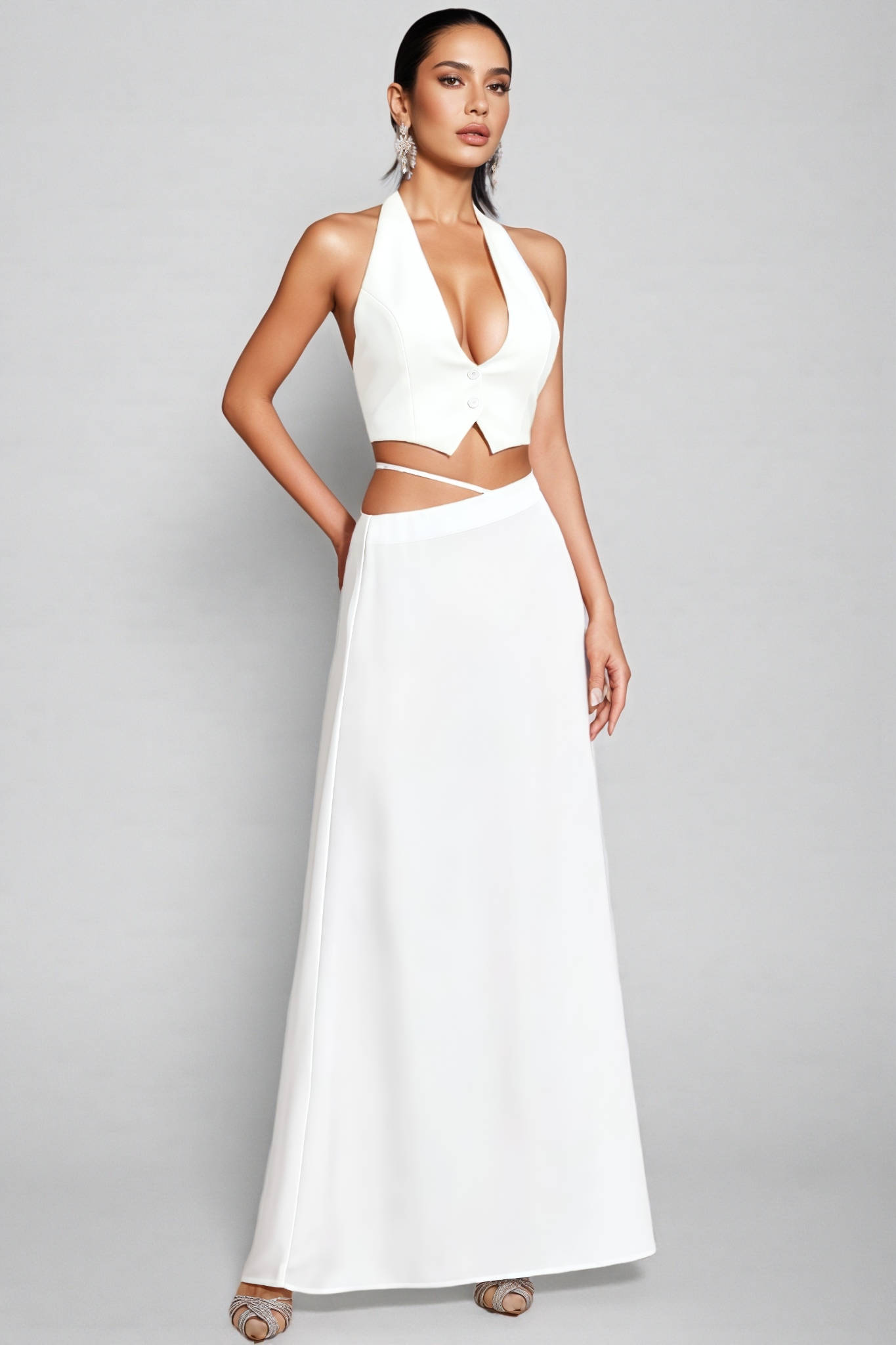 Aevorix White Halter Blazer Maxi Dress Set