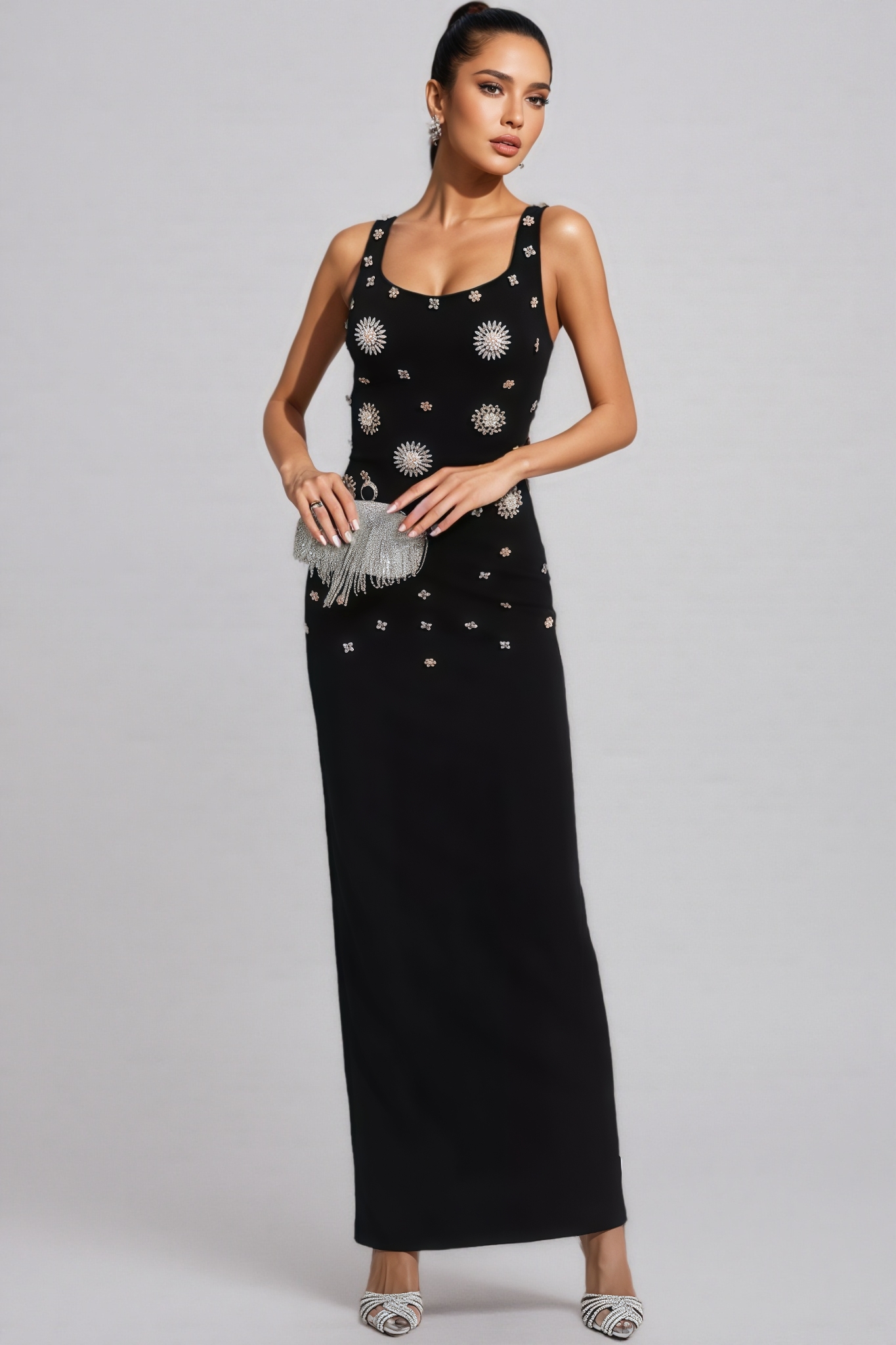 Ysolly Hadlee Black Embellished Diamond Maxi Dress