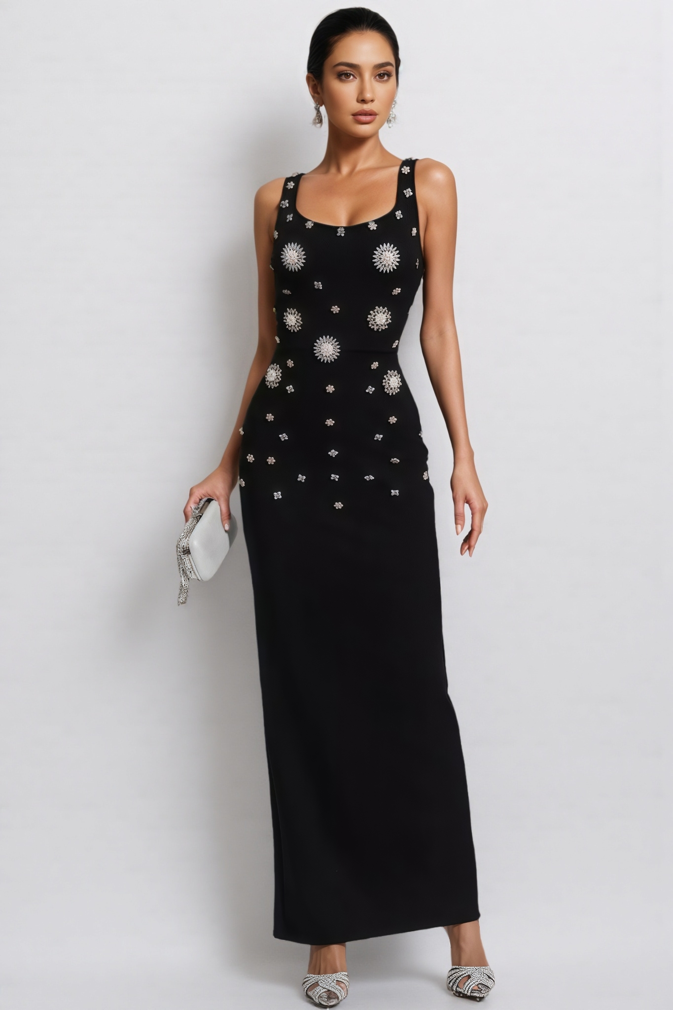 Ysolly Hadlee Black Embellished Diamond Maxi Dress