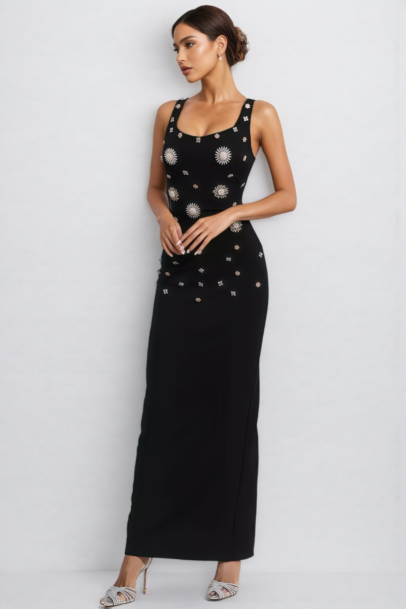 Ysolly Hadlee Black Embellished Diamond Maxi Dress