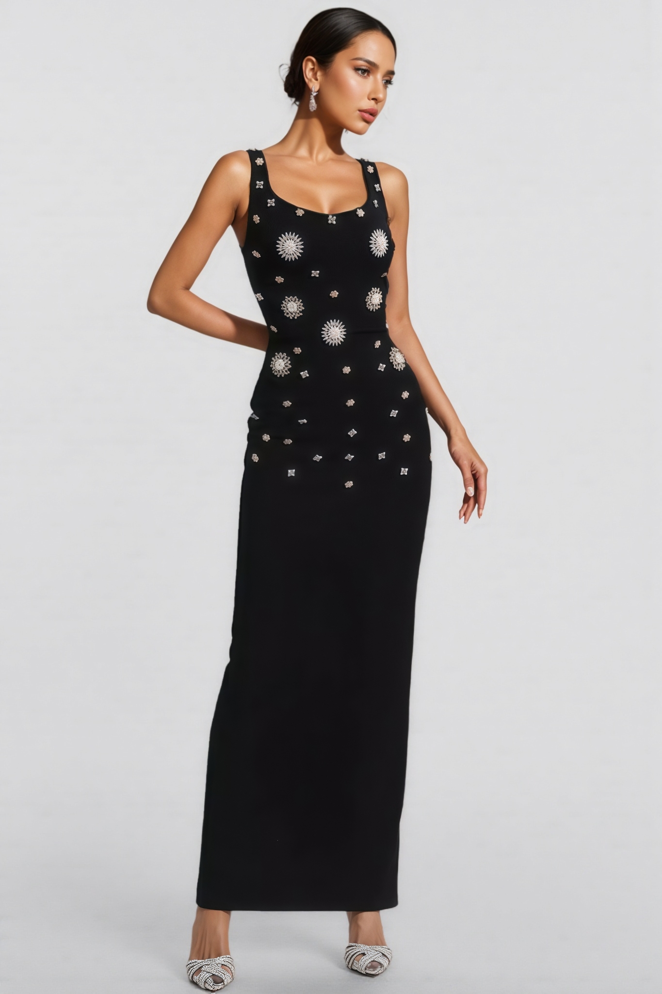 Ysolly Hadlee Black Embellished Diamond Maxi Dress