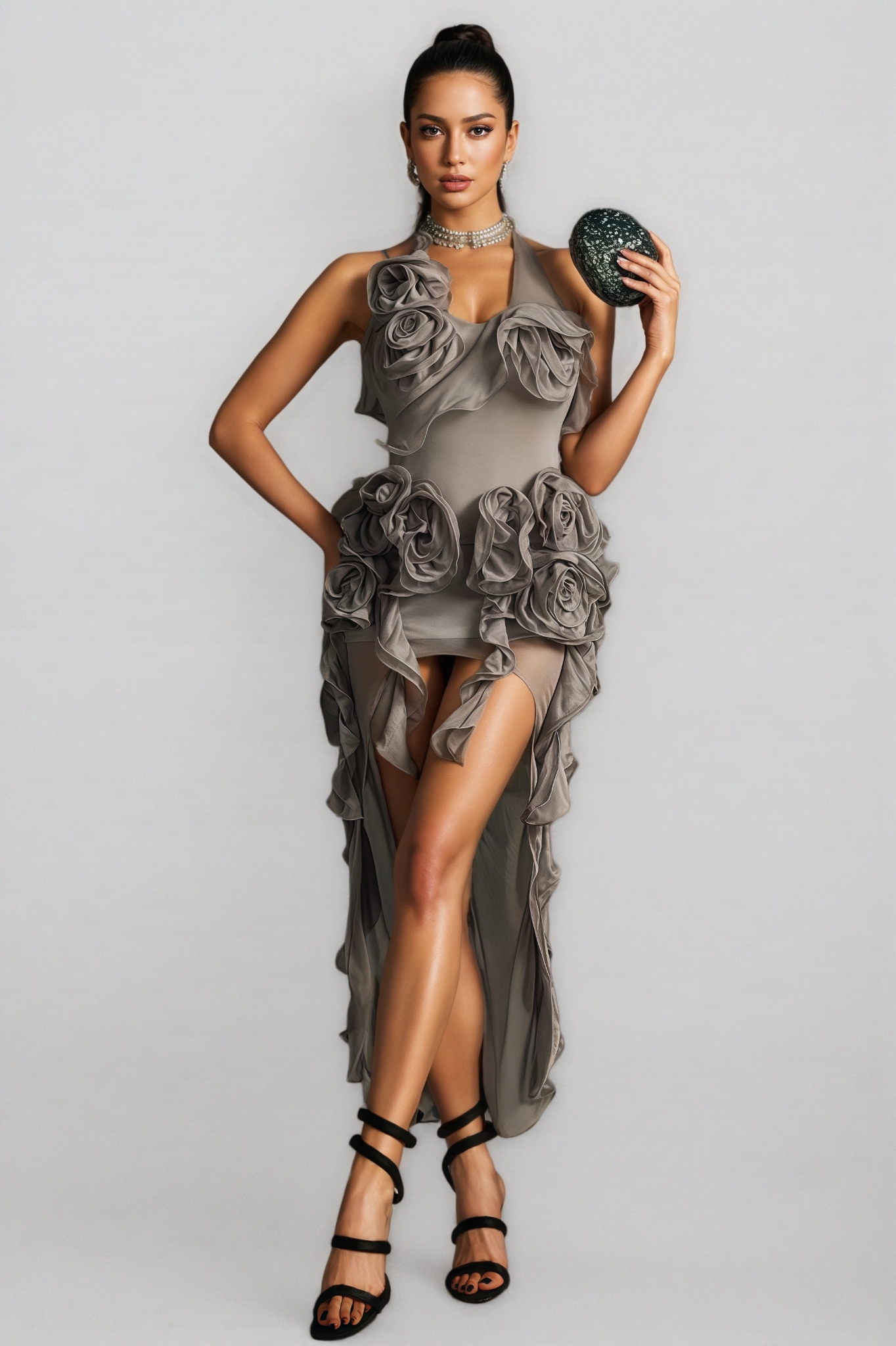 Simeon Halterneck Flower Mesh Midi Dress