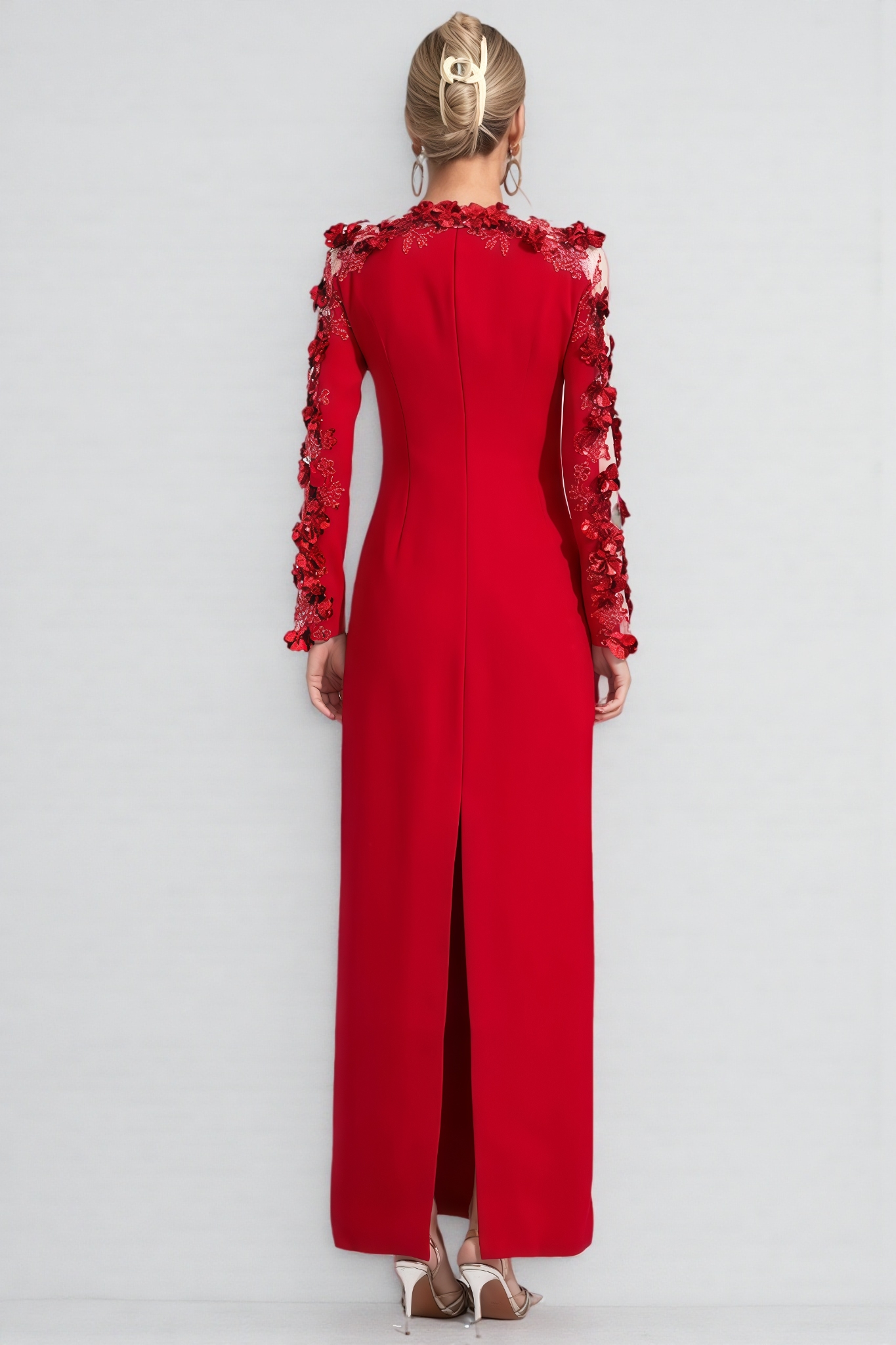 Eaplty Red 3D Floral Mesh Maxi Dress