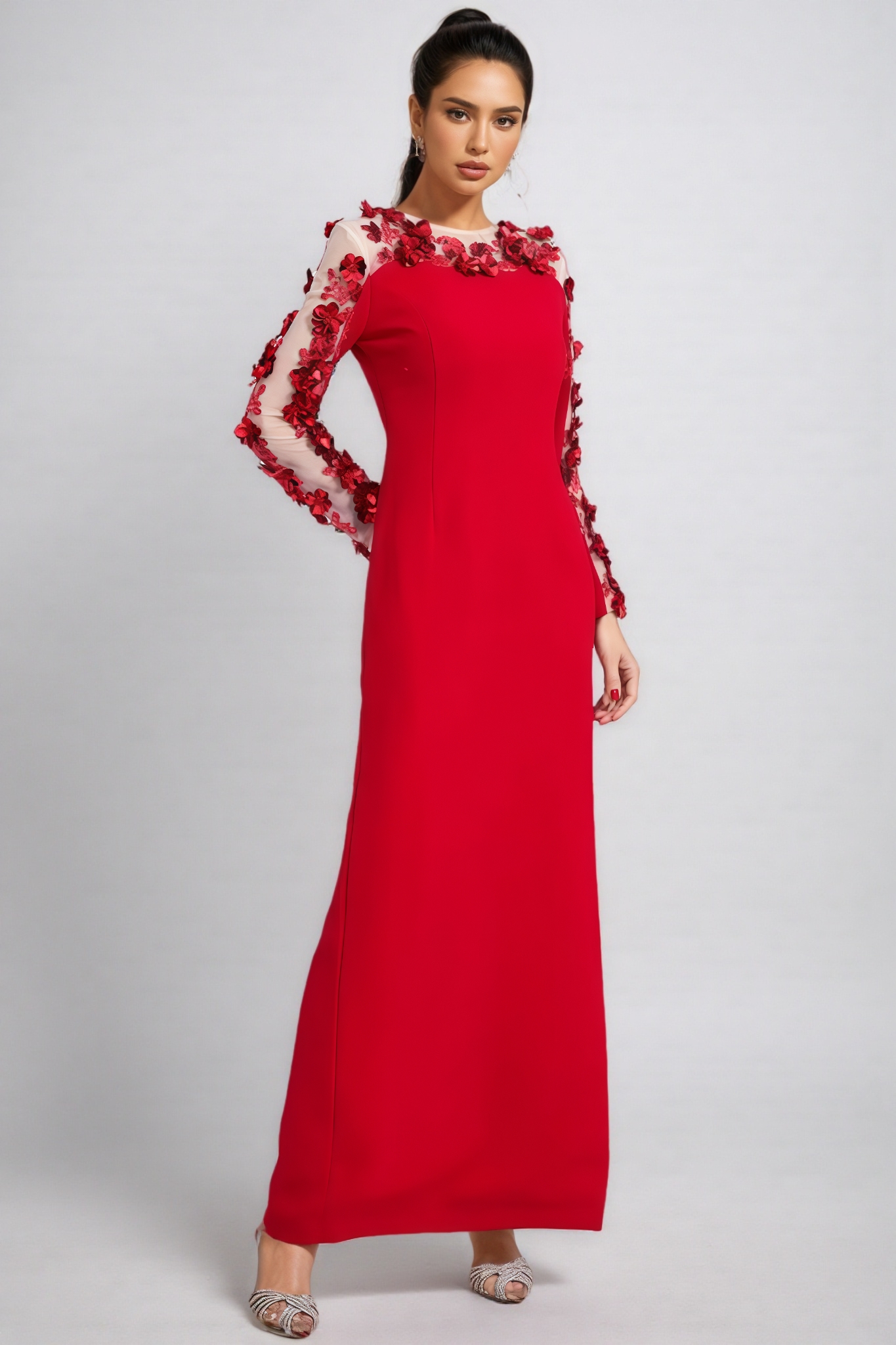 Eaplty Red 3D Floral Mesh Maxi Dress