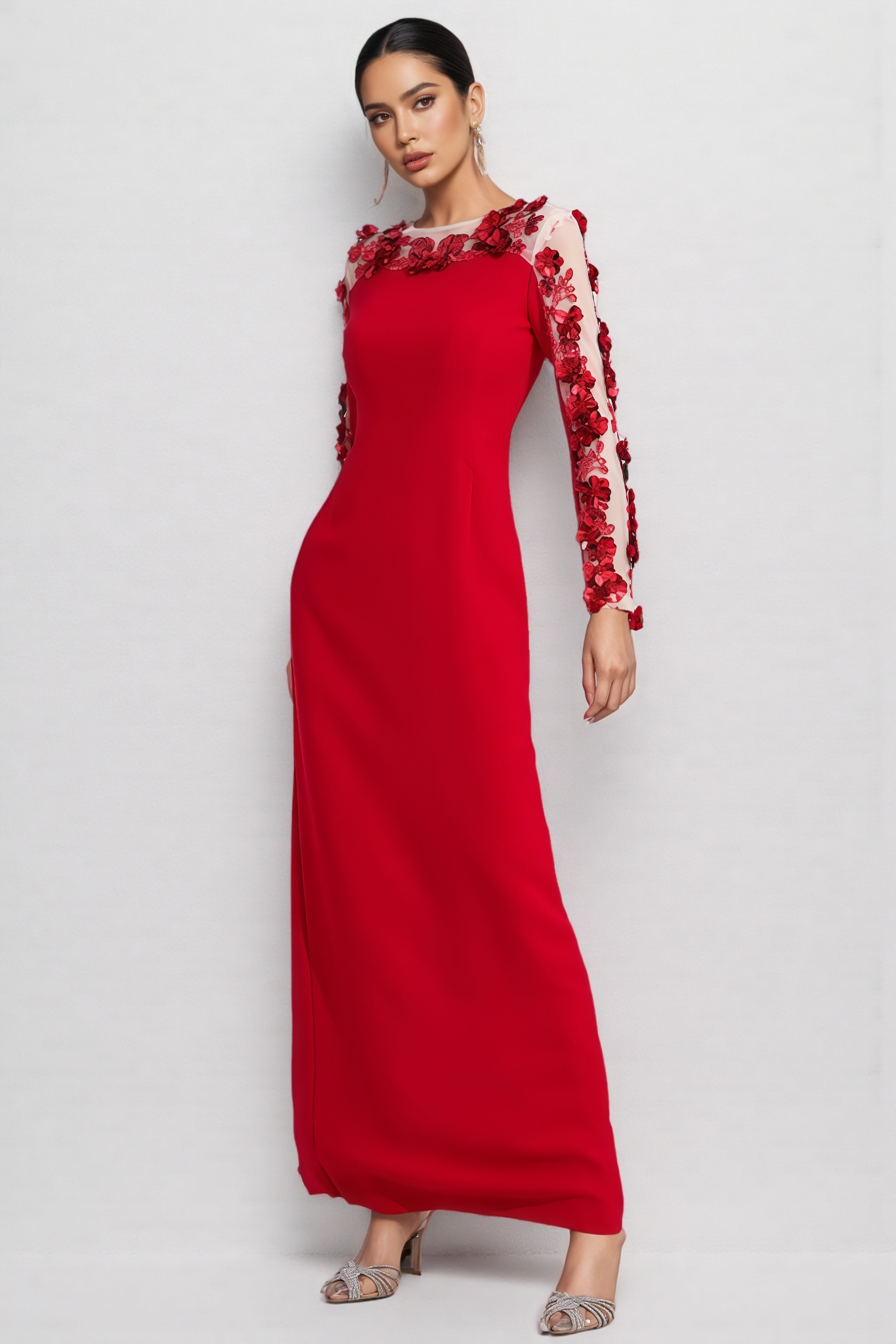 Eaplty Red 3D Floral Mesh Maxi Dress