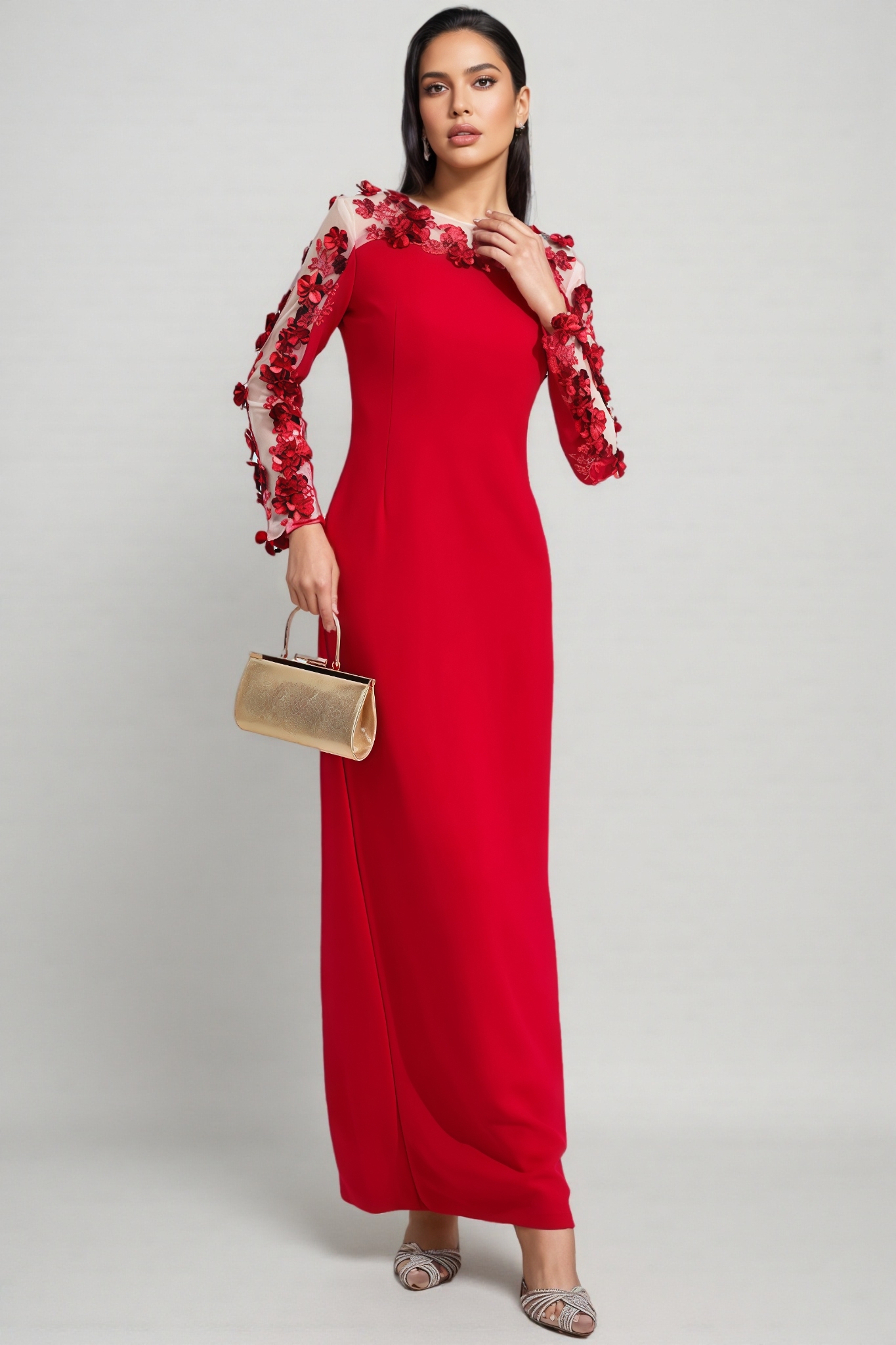 Eaplty Red 3D Floral Mesh Maxi Dress