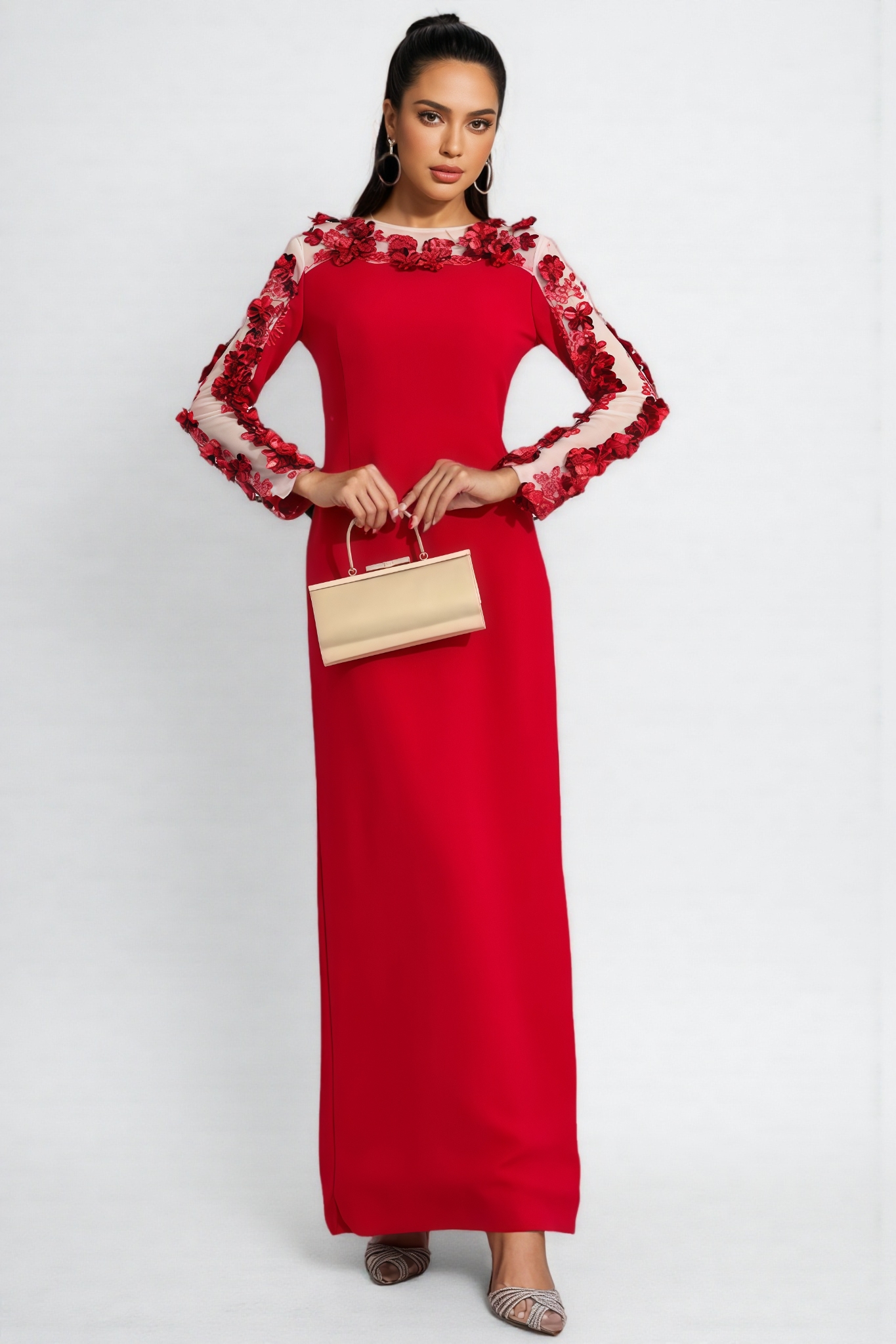 Eaplty Red 3D Floral Mesh Maxi Dress