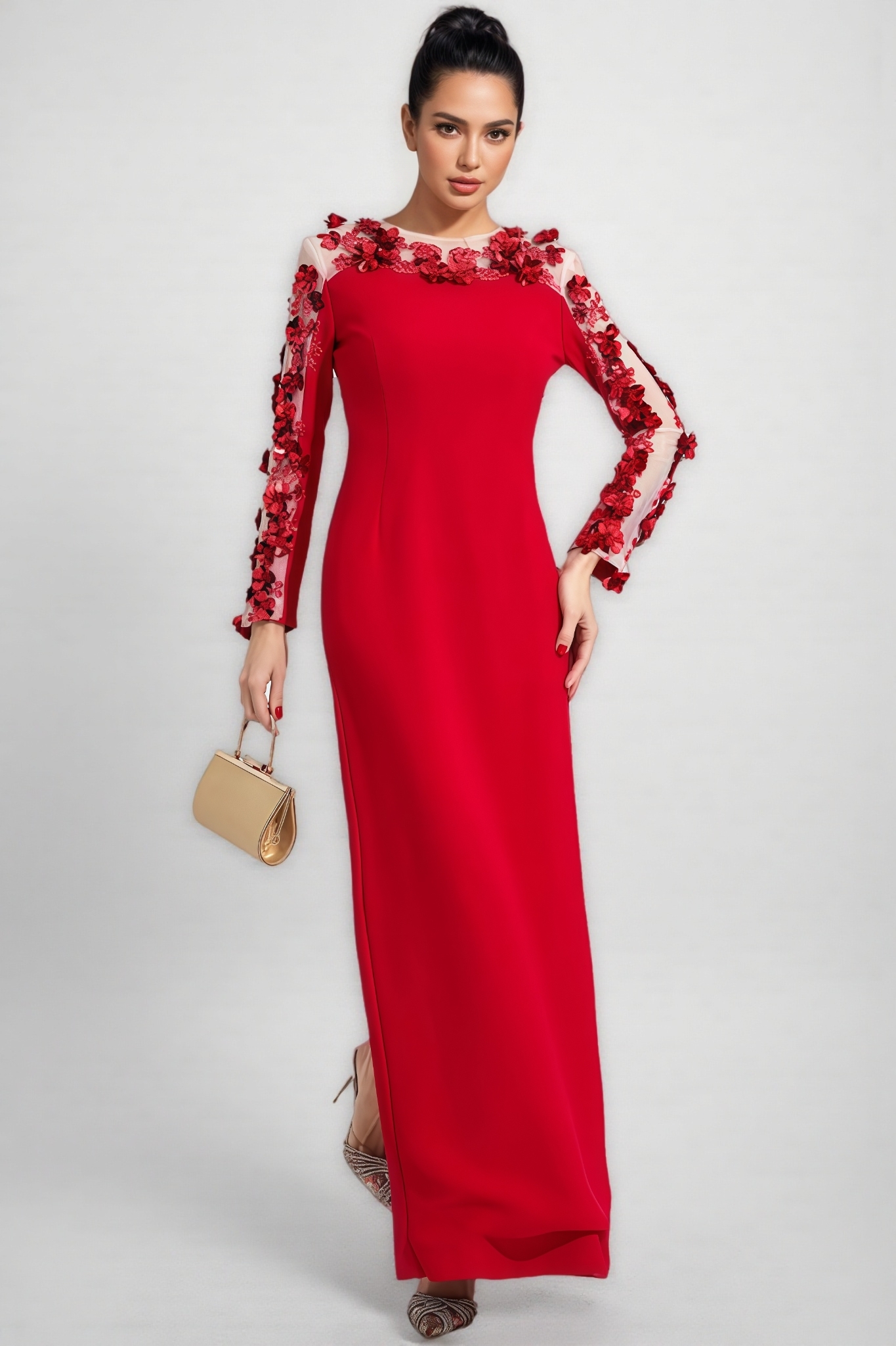 Eaplty Red 3D Floral Mesh Maxi Dress