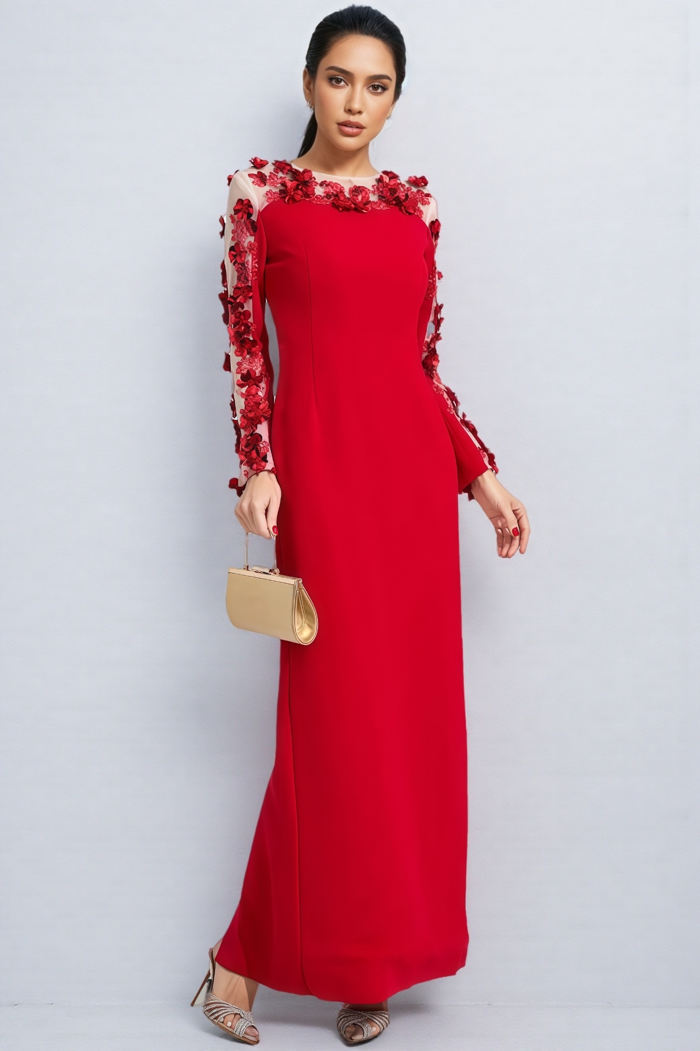 Eaplty Red 3D Floral Mesh Maxi Dress