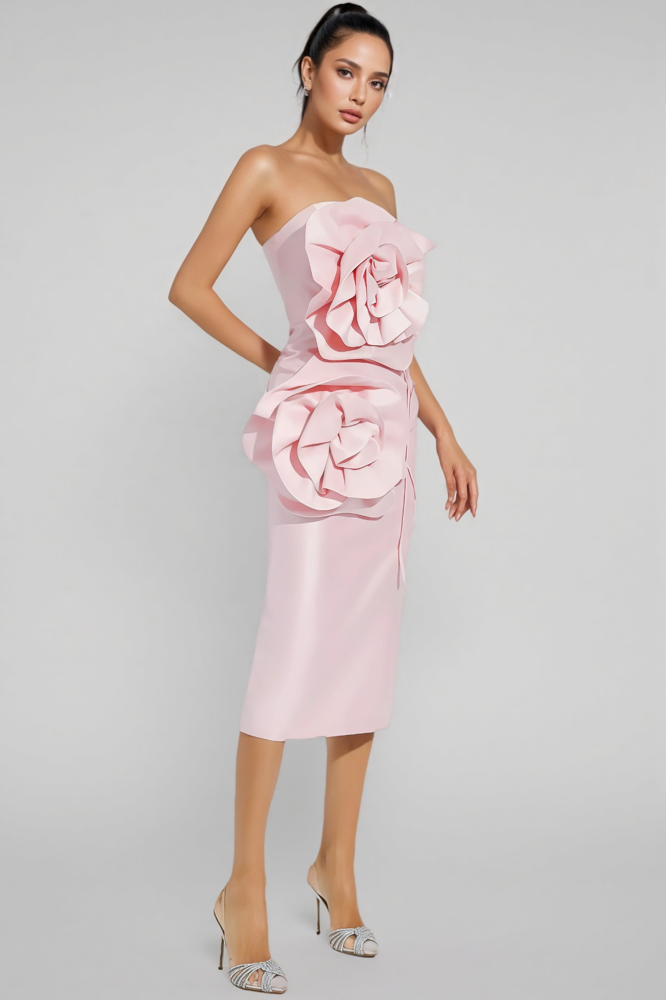 Molia Pink Floral Strapless Midi Dress