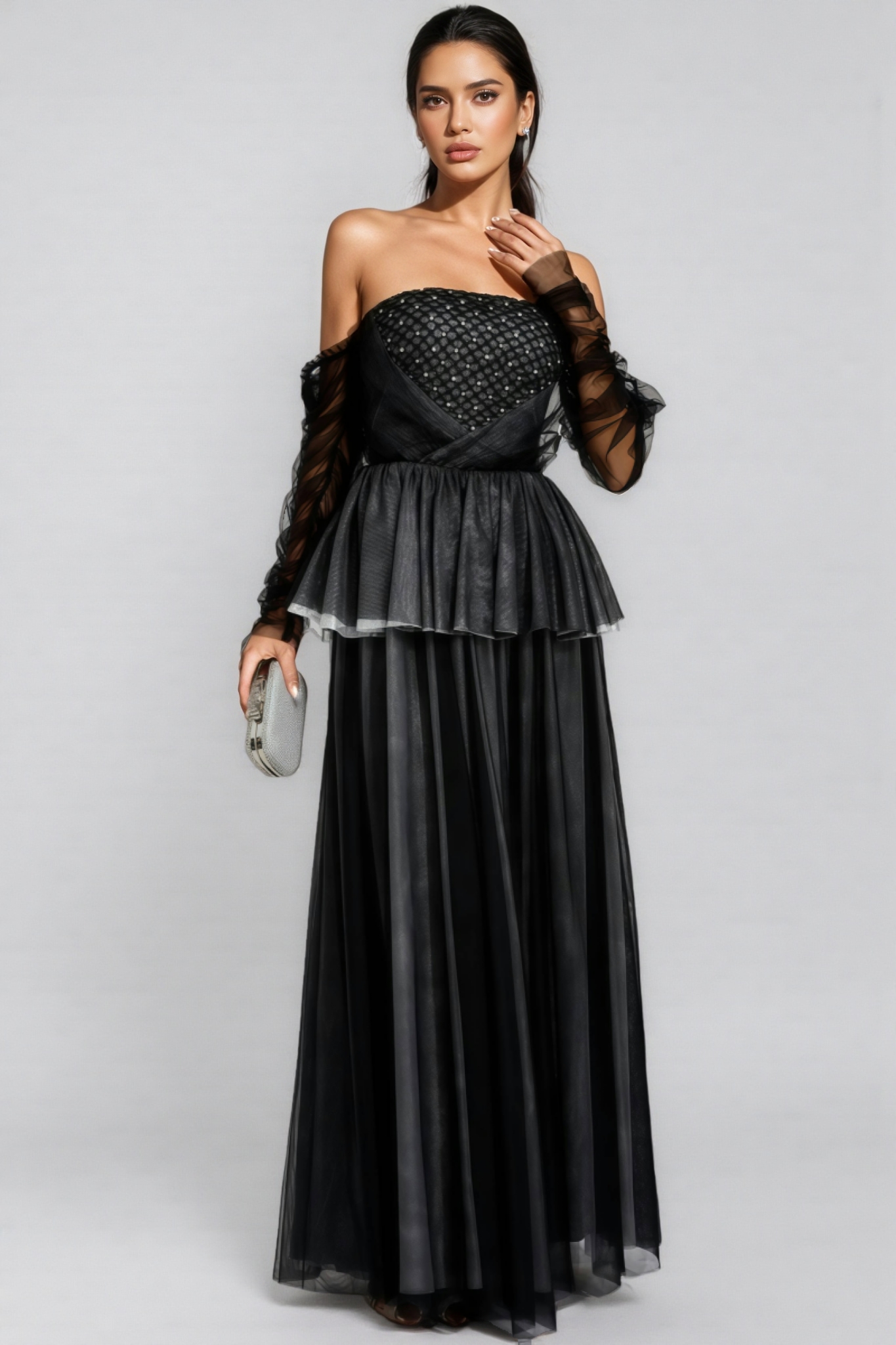 Uxley Black Mesh Off Shoulder Maxi Dress