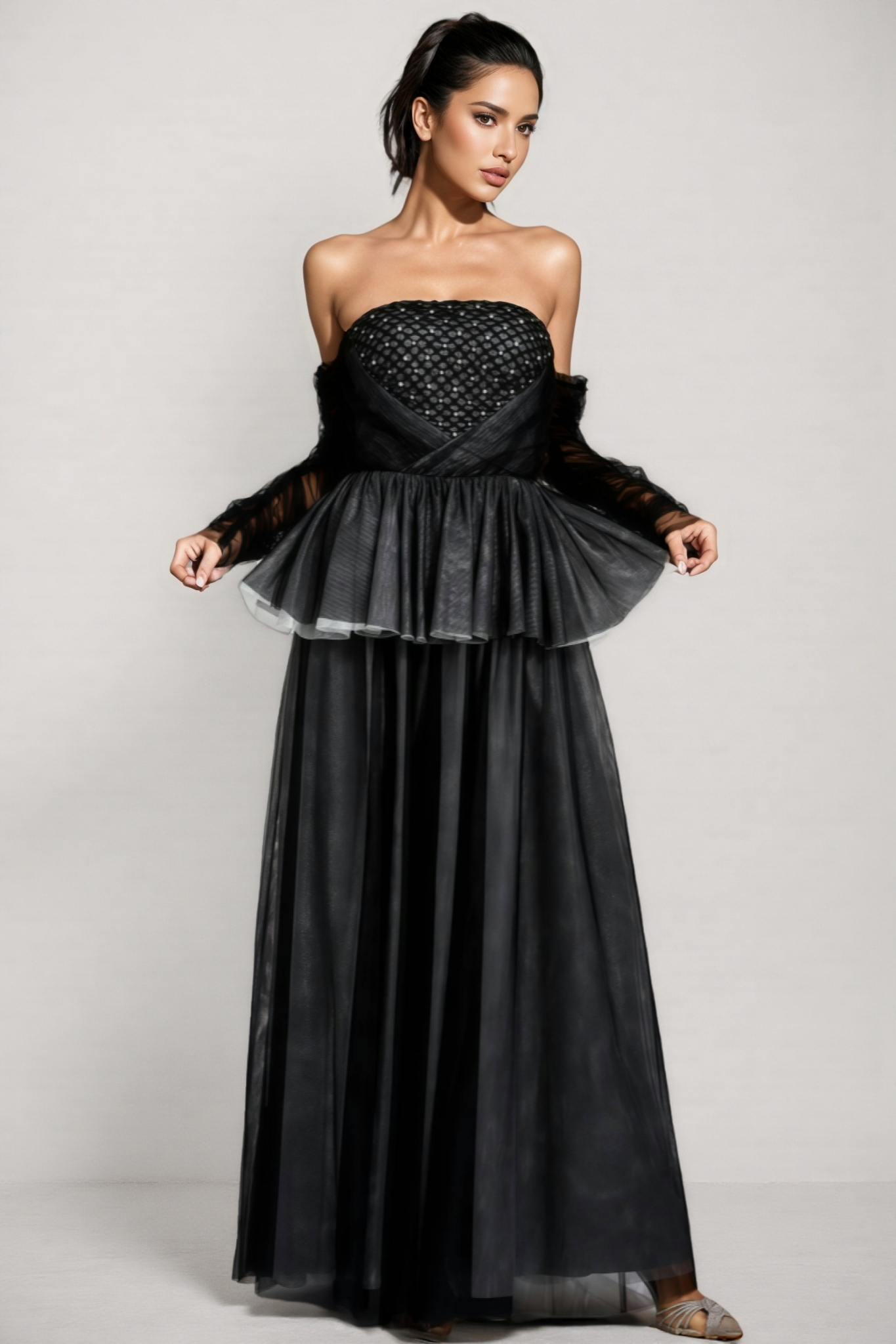 Uxley Black Mesh Off Shoulder Maxi Dress