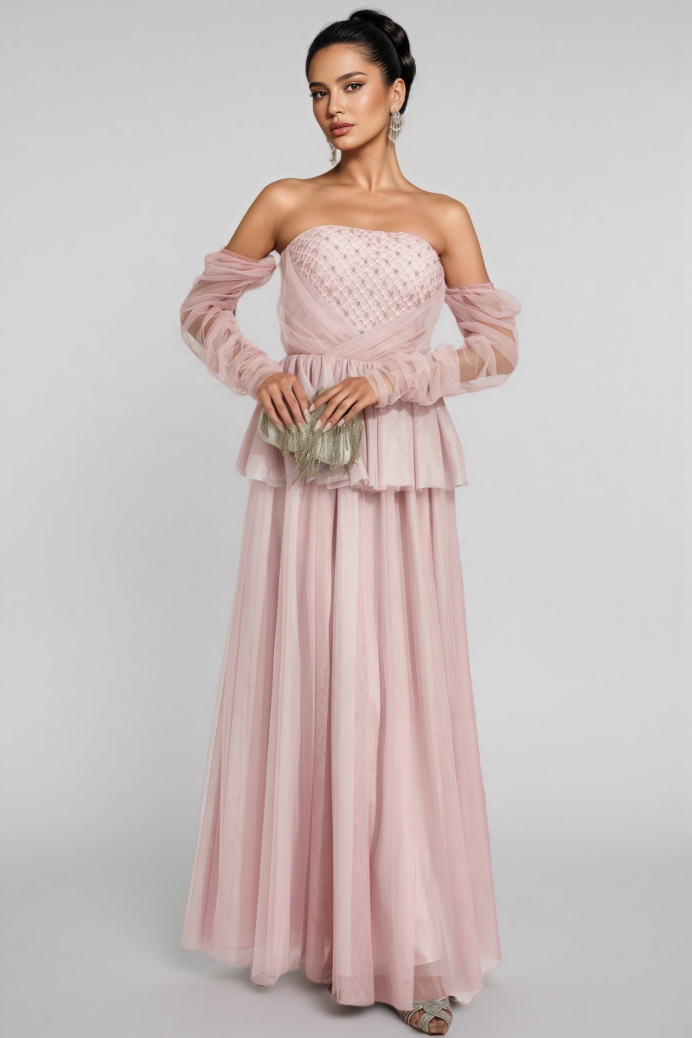 Xedand Pink Mesh Off Shoulder Maxi Dress
