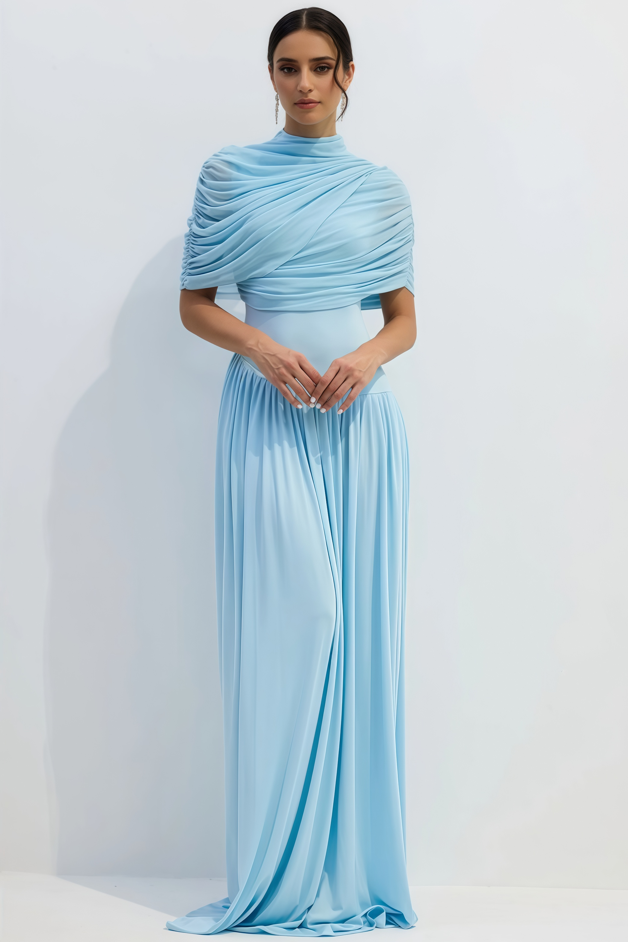 Vailtry Blue Shawl-Style Pleated Maxi Dress