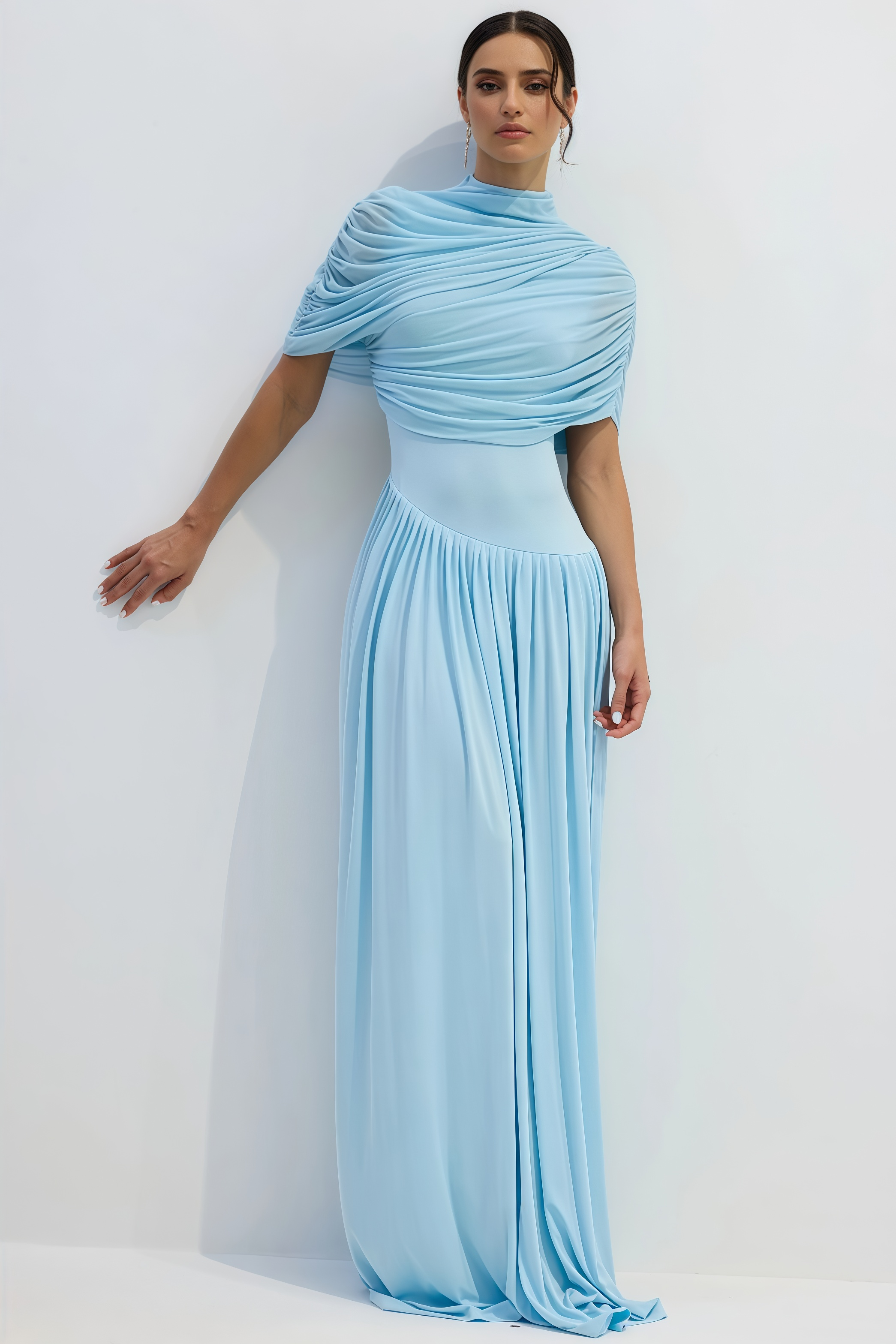 Vailtry Blue Shawl-Style Pleated Maxi Dress
