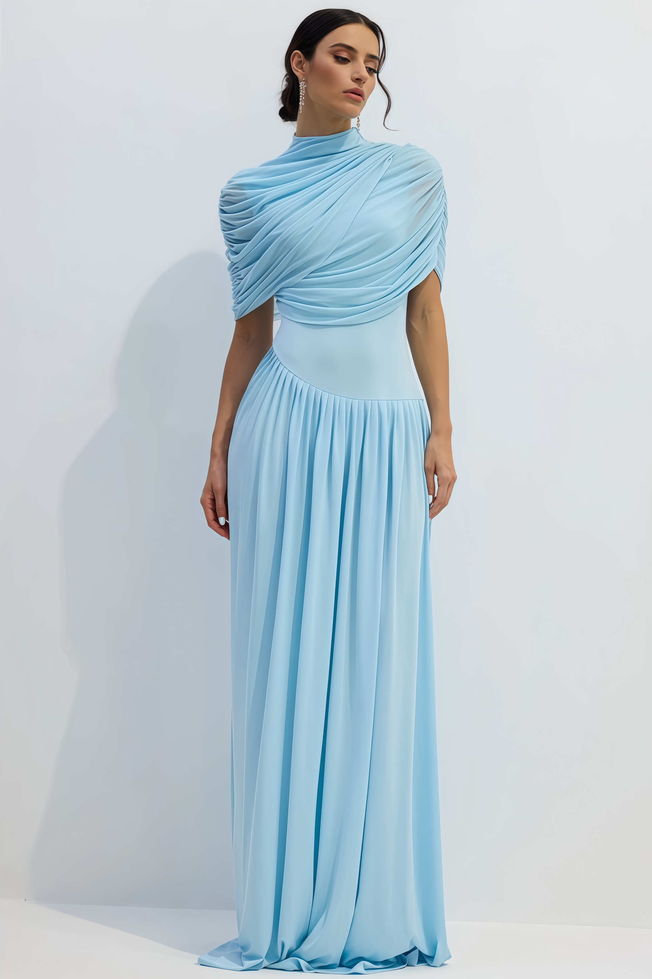 Vailtry Blue Shawl-Style Pleated Maxi Dress