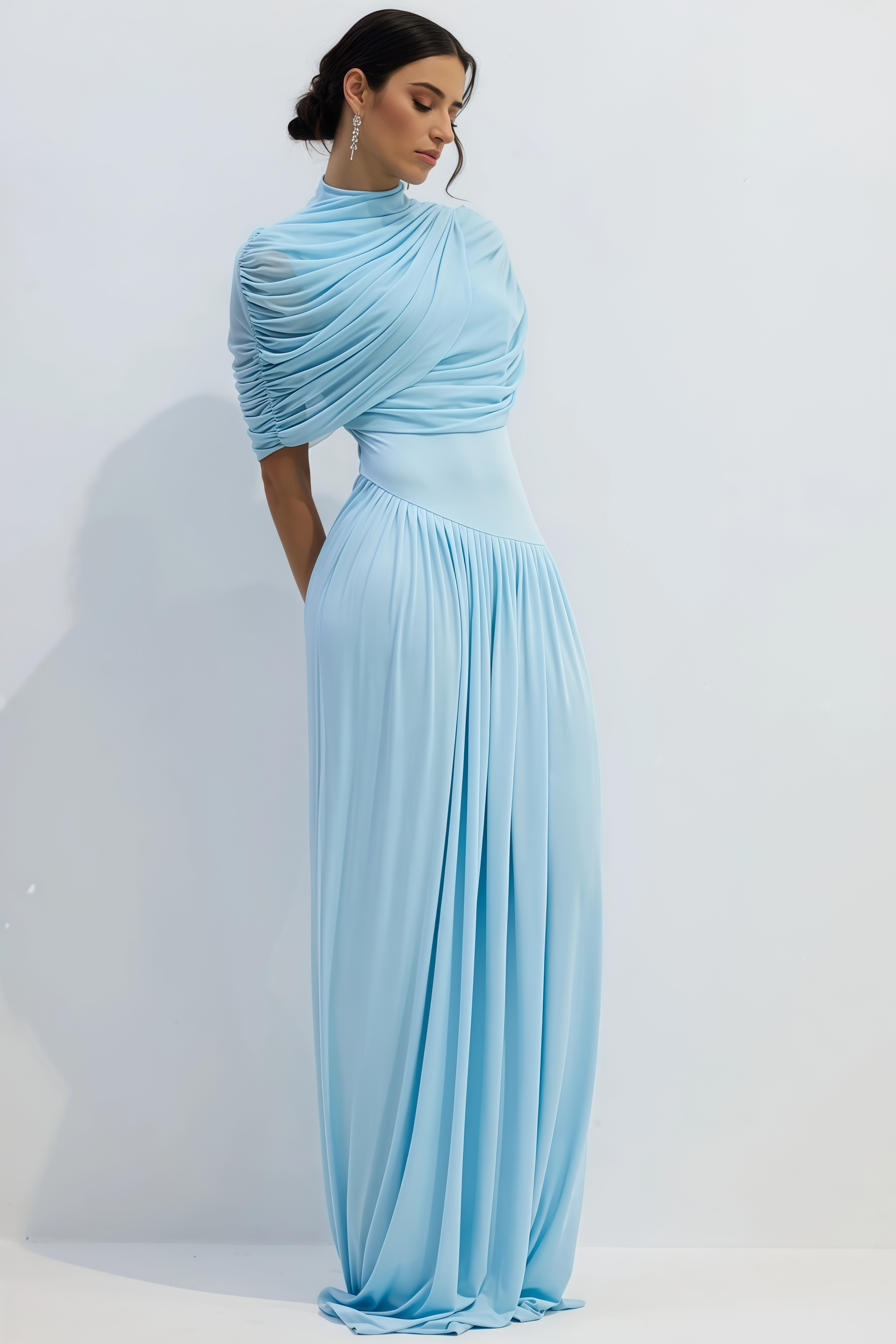 Vailtry Blue Shawl-Style Pleated Maxi Dress
