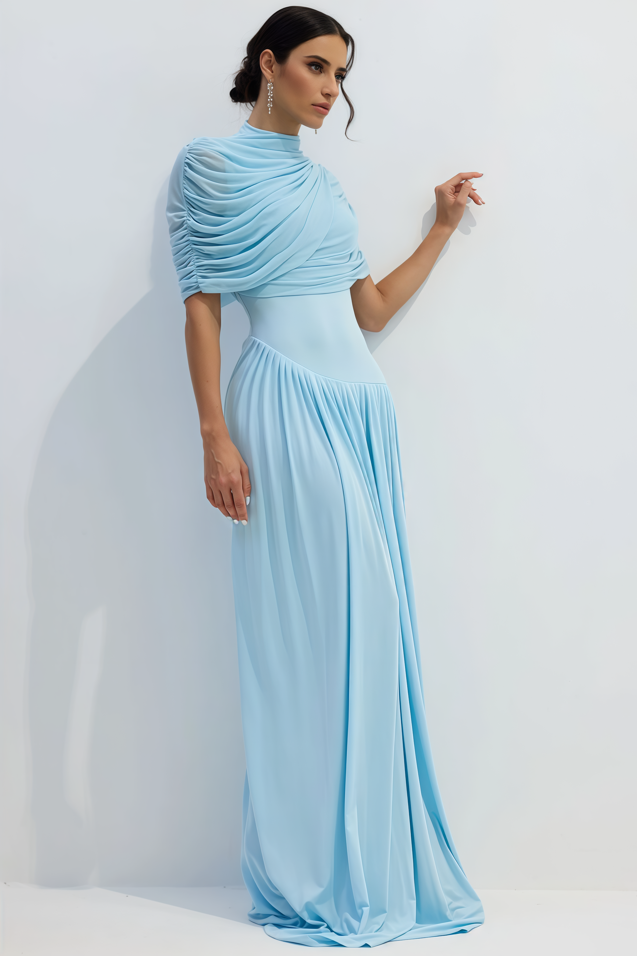 Vailtry Blue Shawl-Style Pleated Maxi Dress