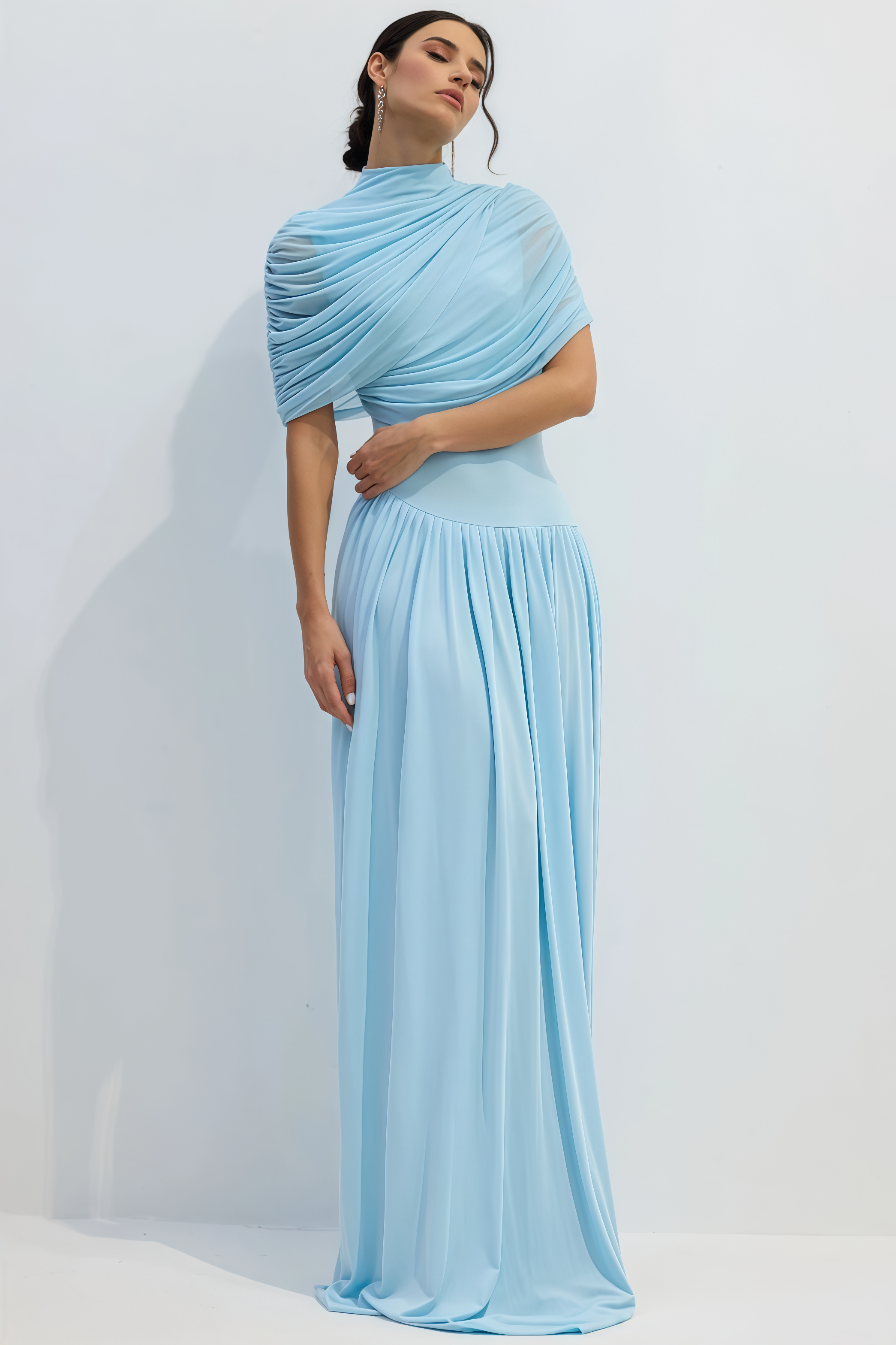 Vailtry Blue Shawl-Style Pleated Maxi Dress
