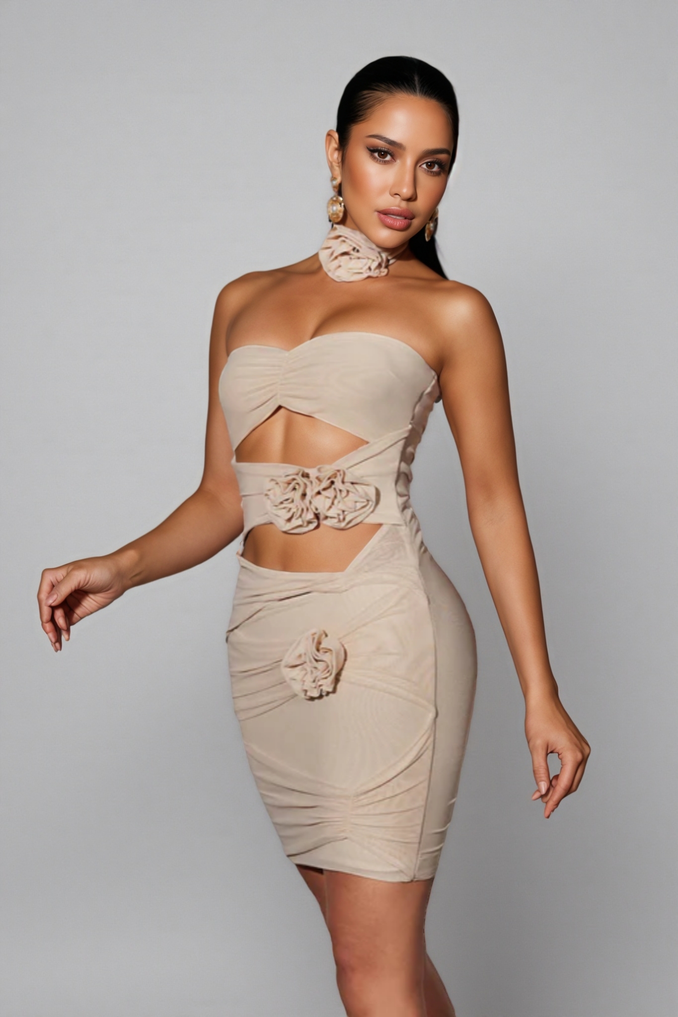 Zinnia Strapless Flower Cutout Mesh Mini Dress