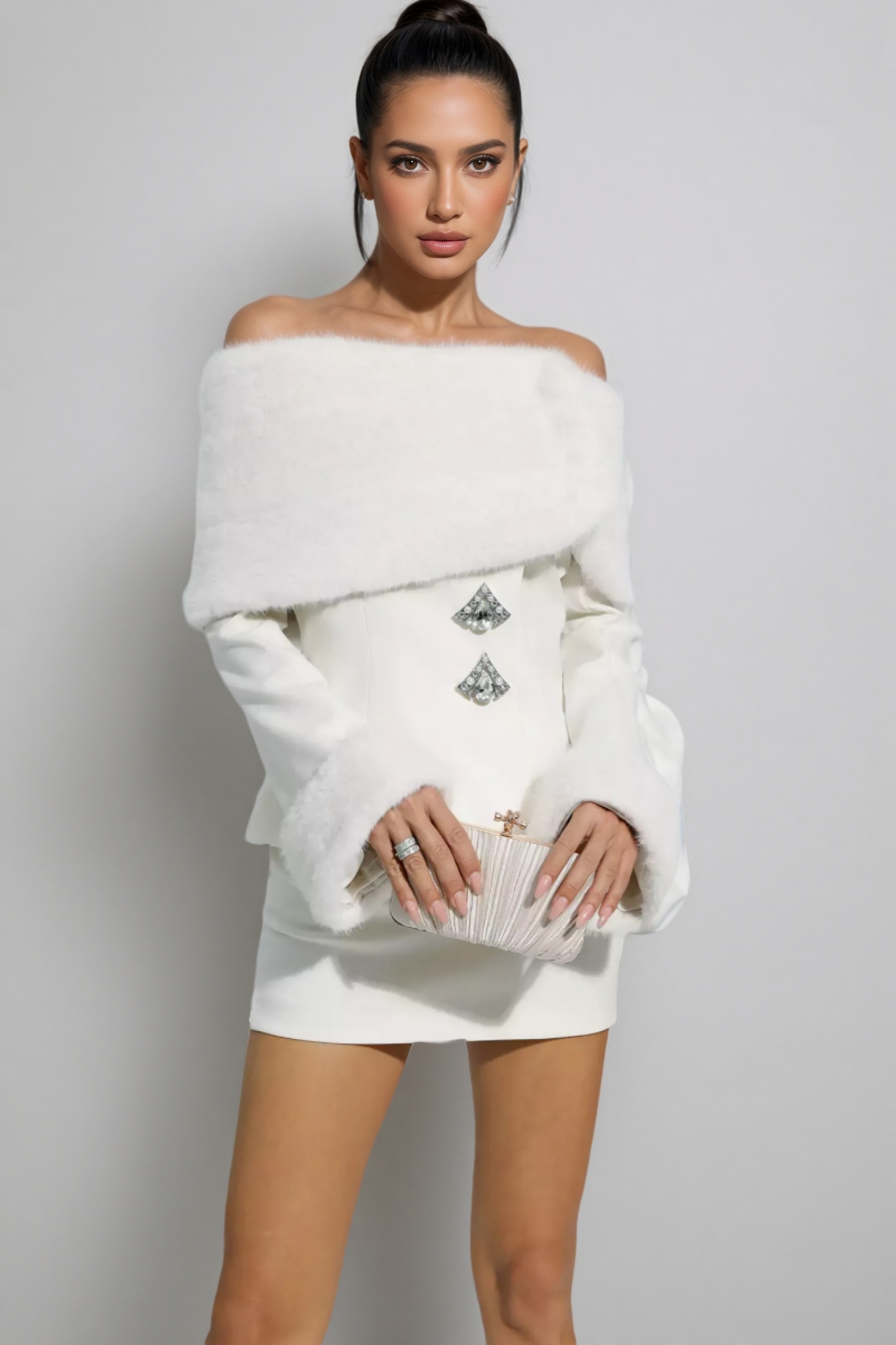 Irene Furry Coat Mini Dress Two-Piece Set