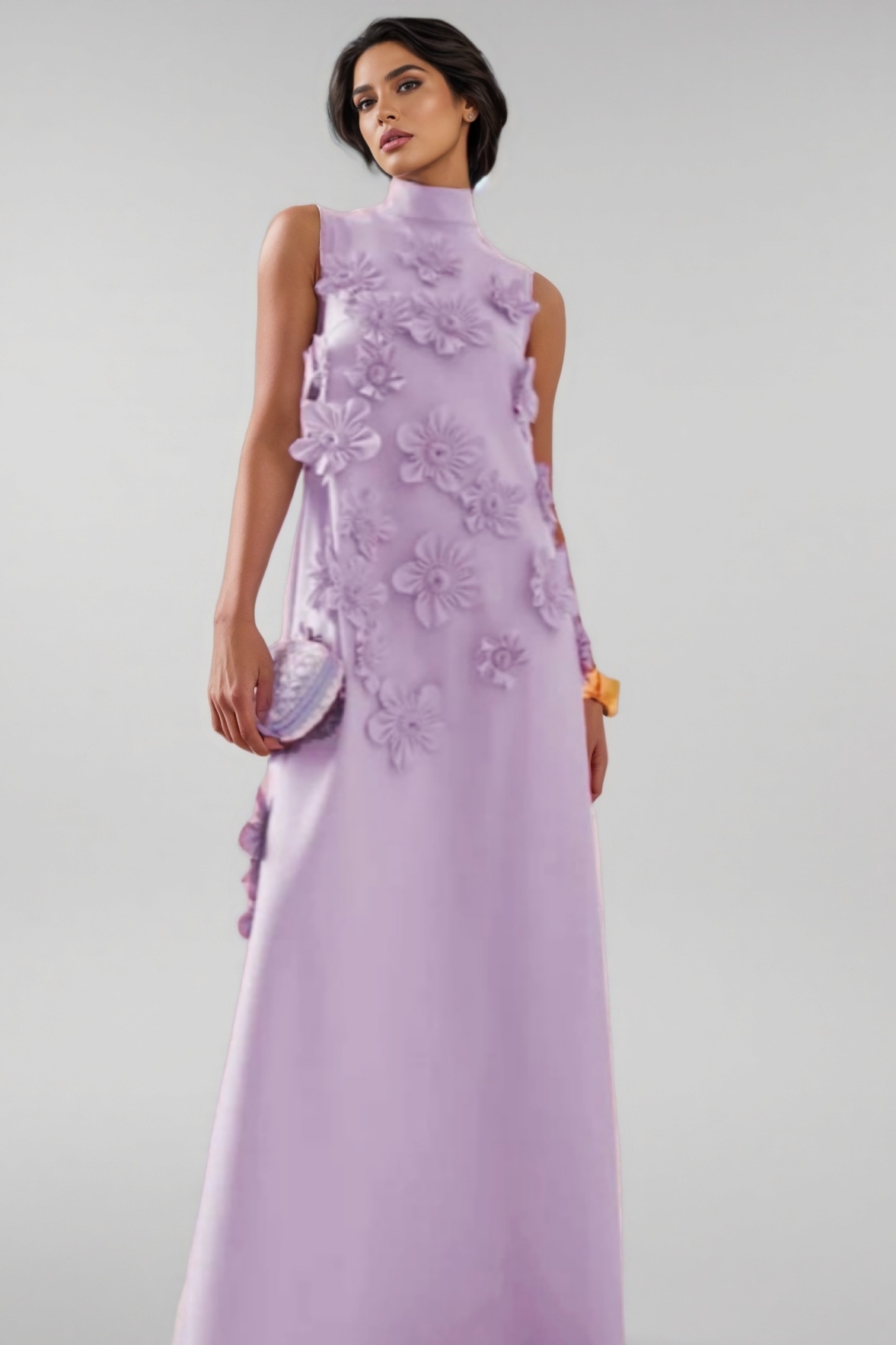 Celina 3D Floral High Neck Sleeveless Maxi Dress-Purple
