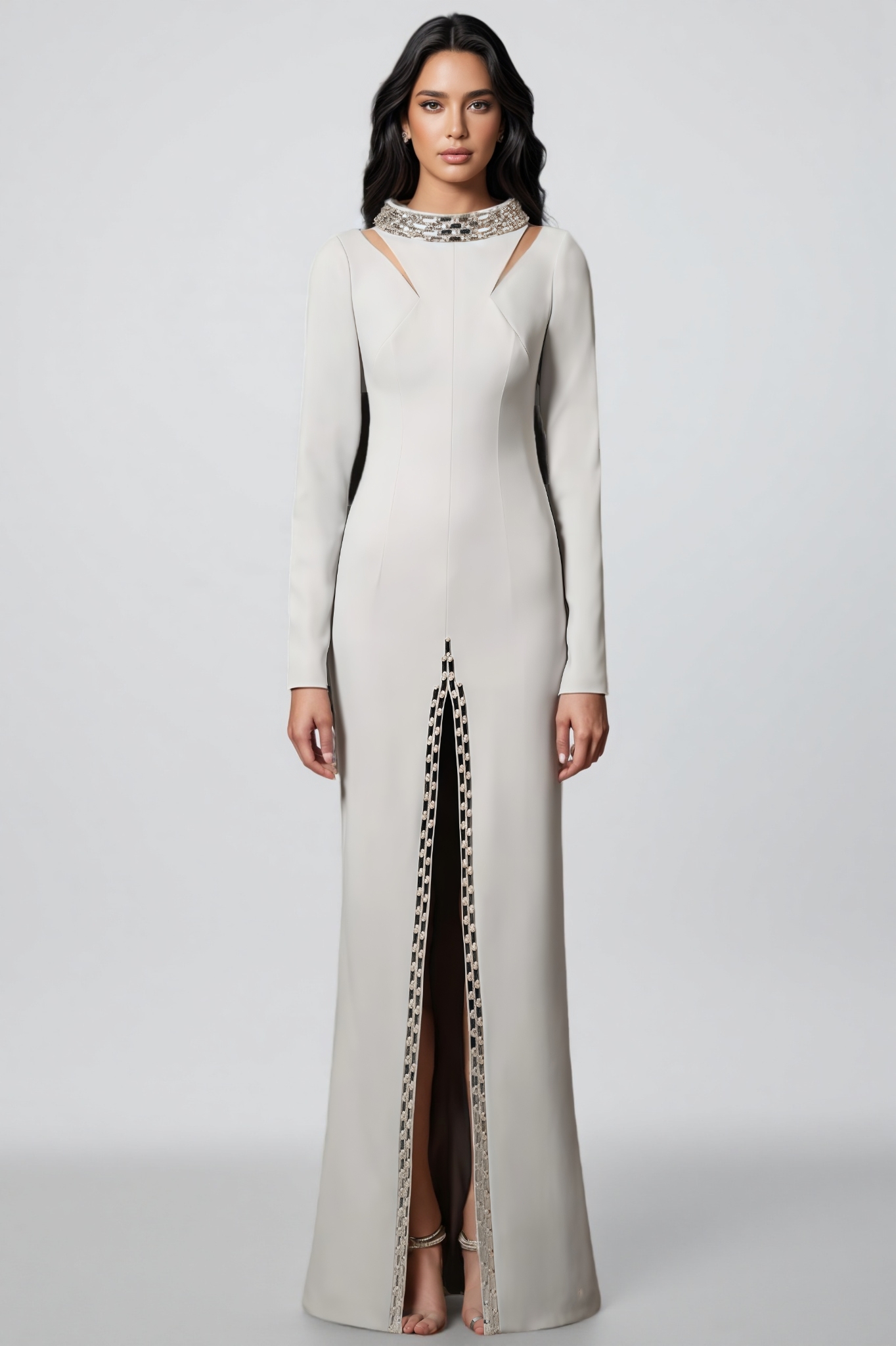 Junrty White Slit Openwork Beaded Maxi Dress