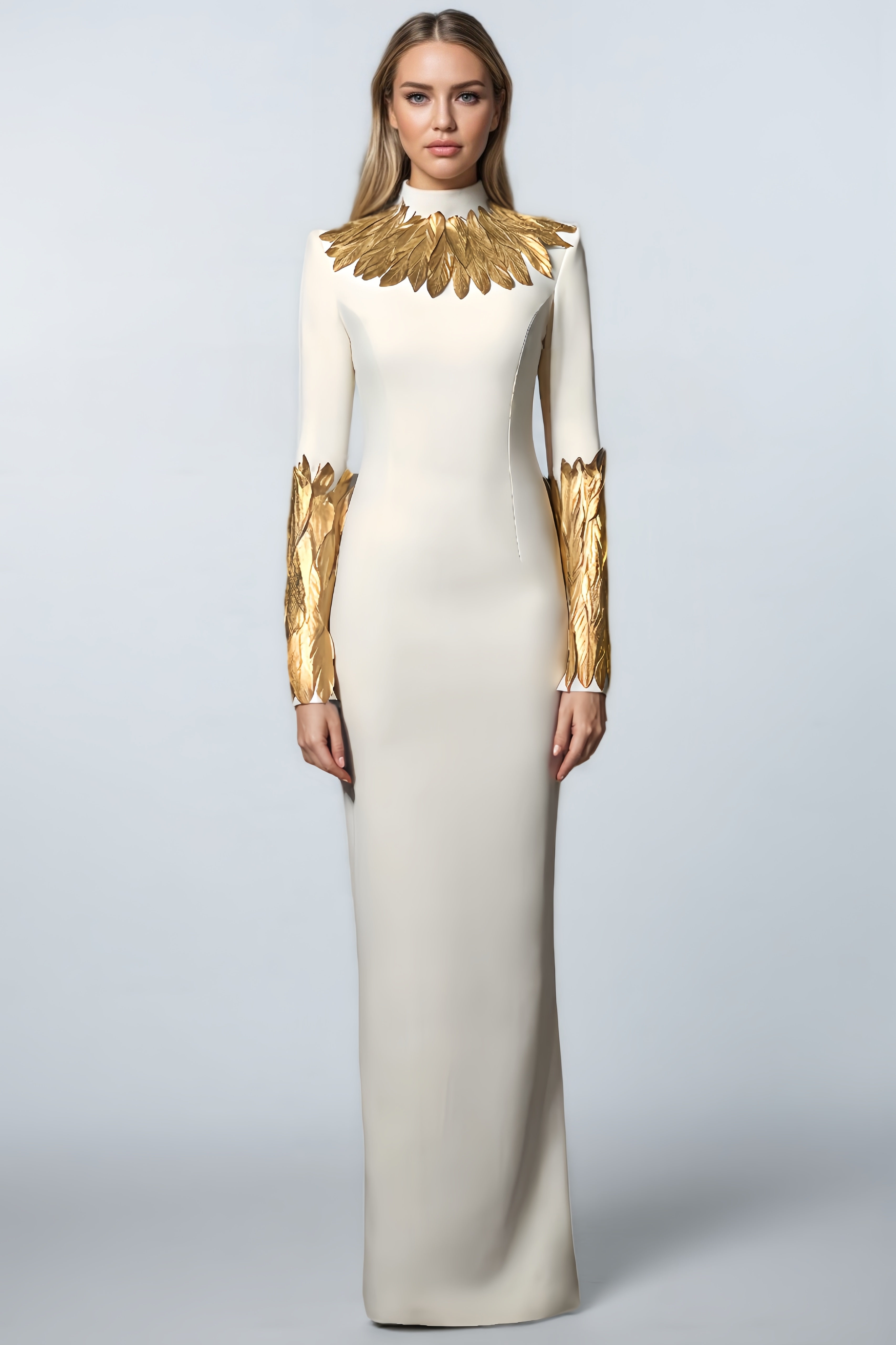 Aurore Golden Feather Maxi Dress