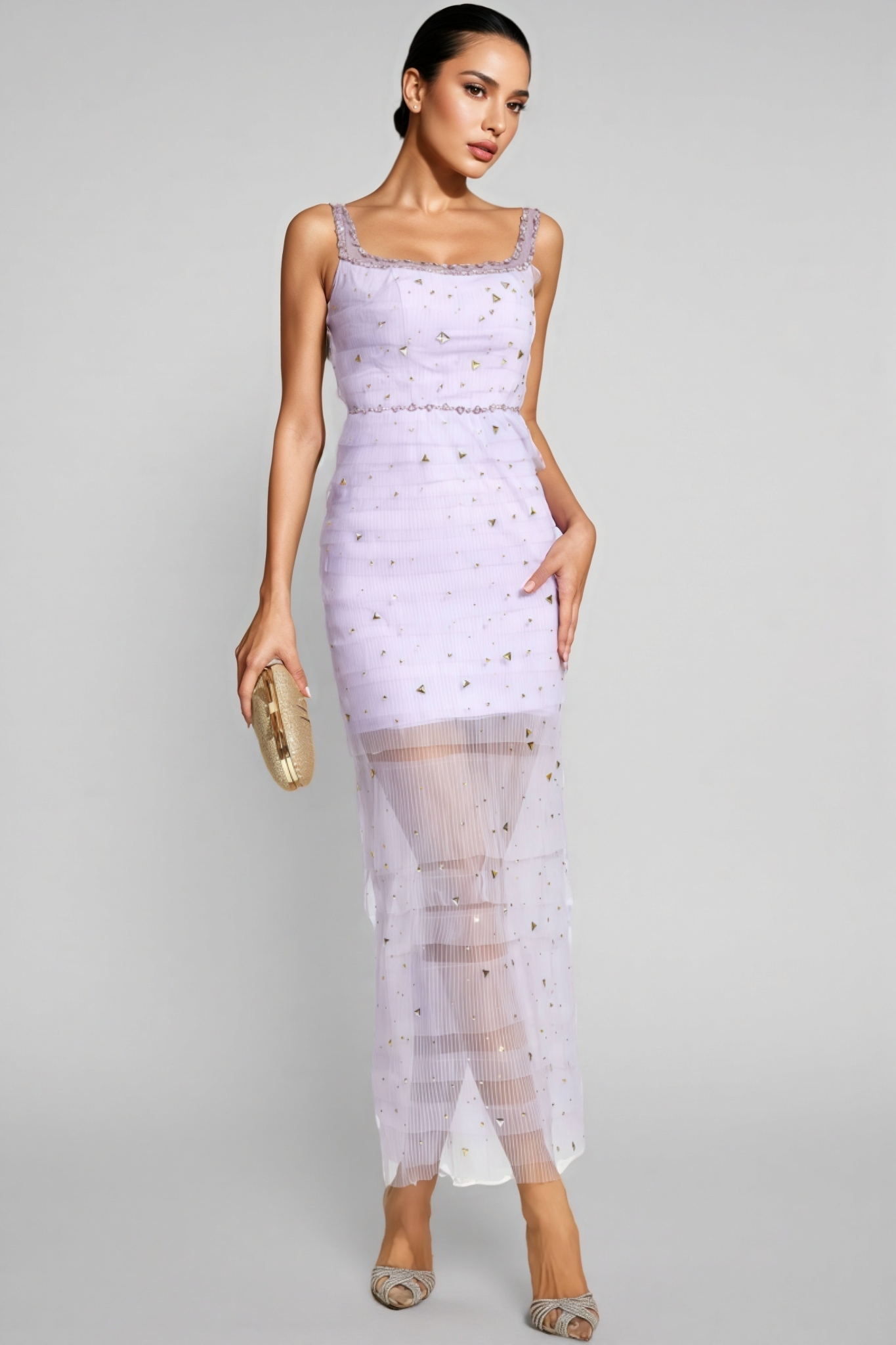 Arthura Purple Diamond Mesh Midi Dress