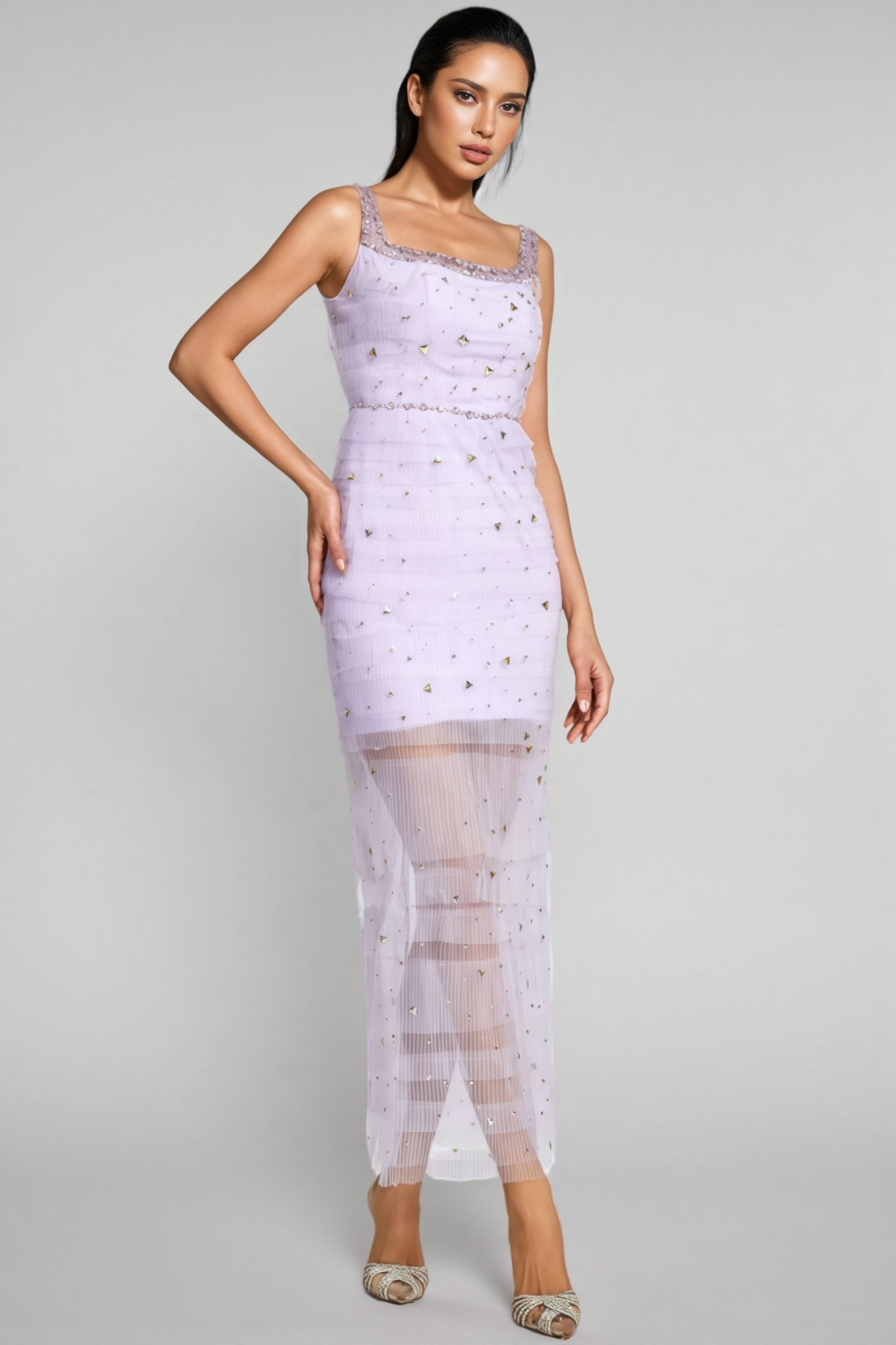Arthura Purple Diamond Mesh Midi Dress