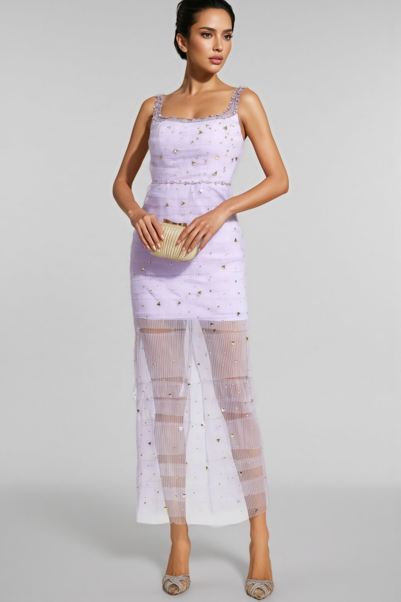 Arthura Purple Diamond Mesh Midi Dress