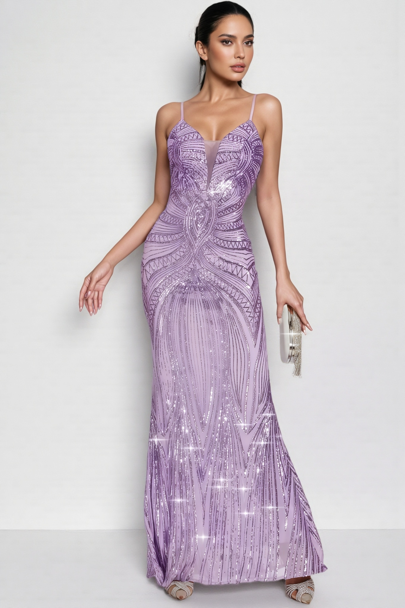 Niko Purple Mermaid Sequins Slip Maxi Dress