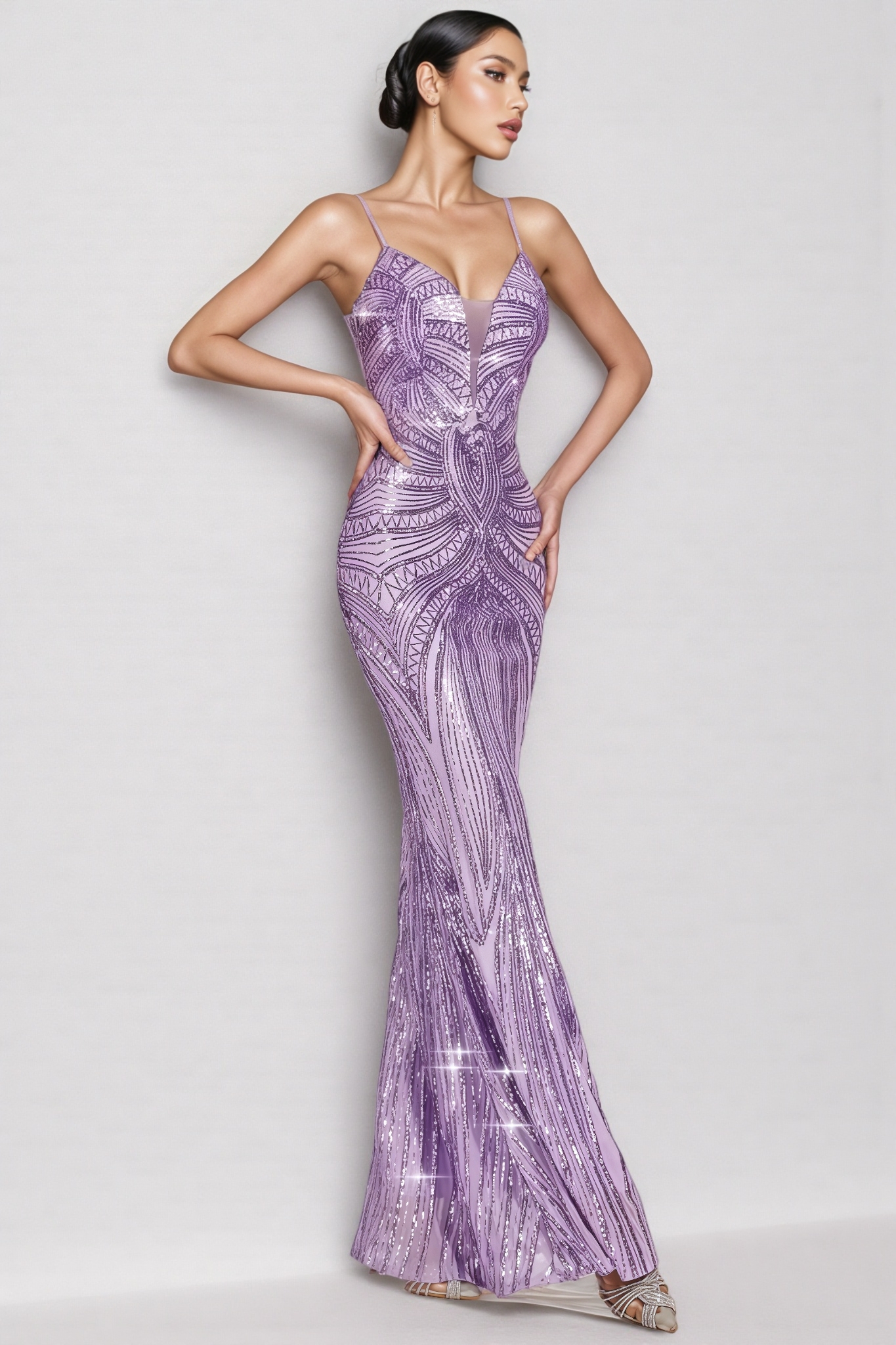 Niko Purple Mermaid Sequins Slip Maxi Dress