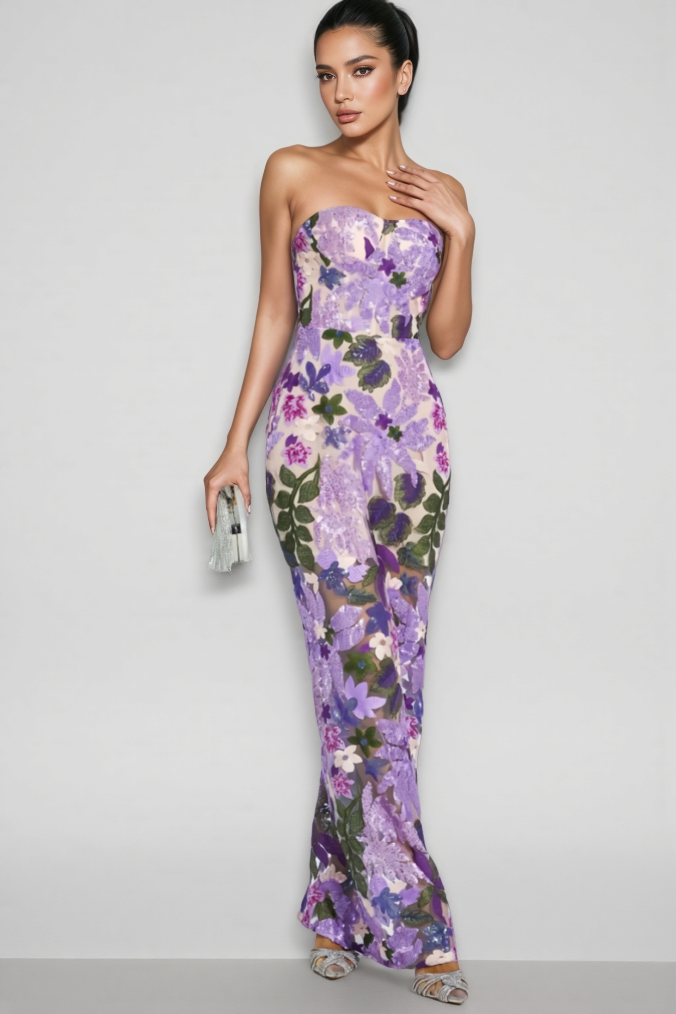 Rinia Sequin Floral Maxi Dress-Purple