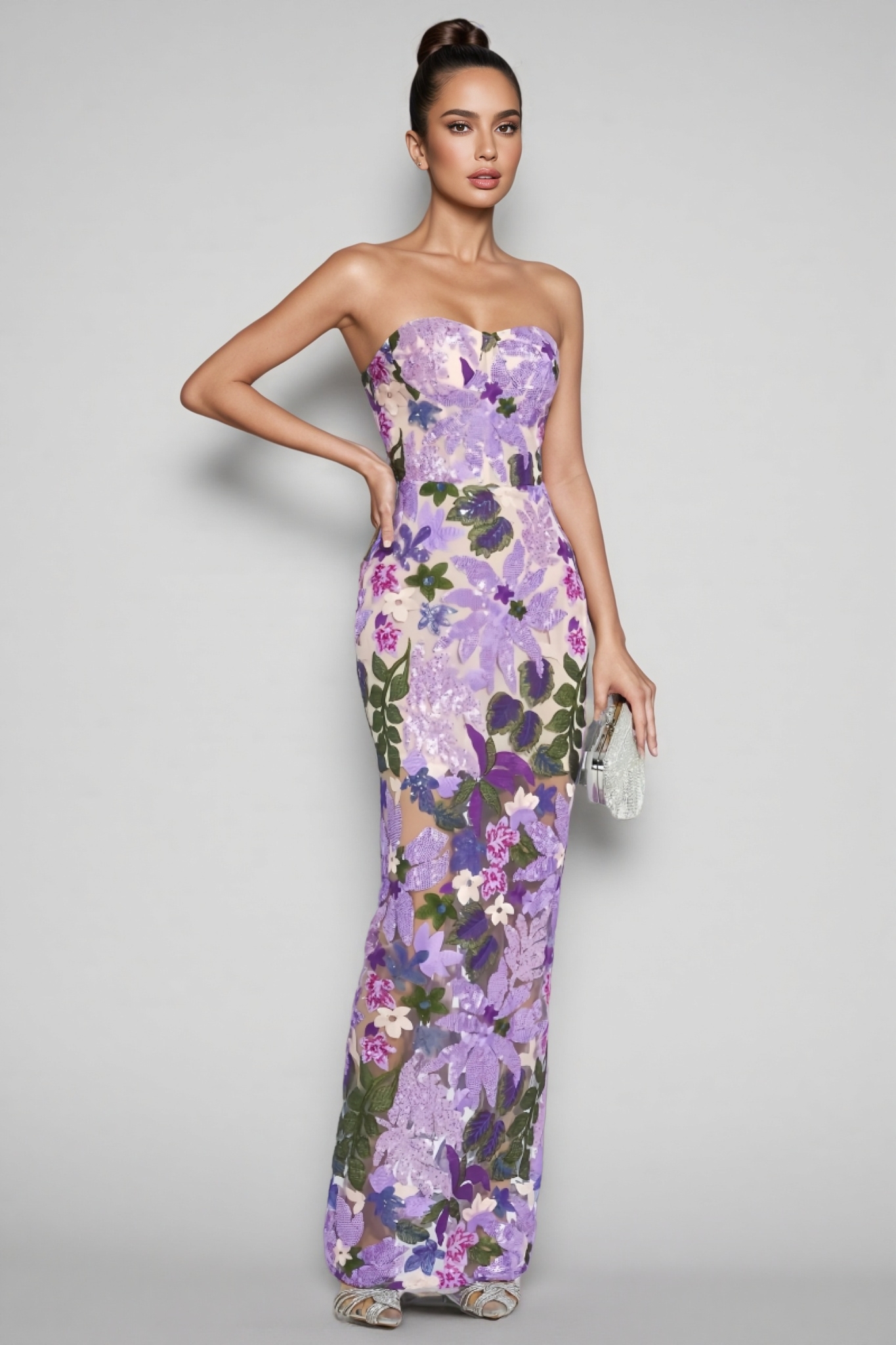 Rinia Sequin Floral Maxi Dress-Purple