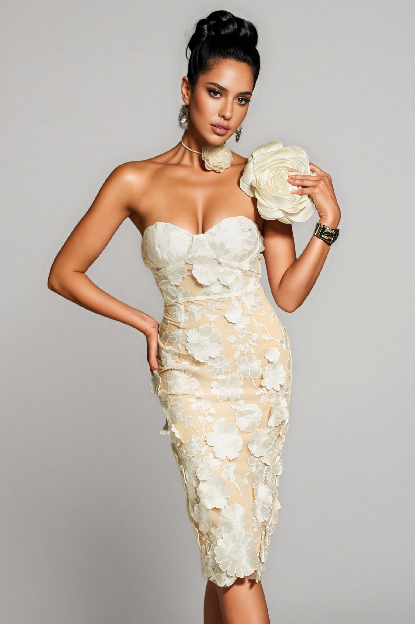 Lux Strapless Flower Embroidered Midi Dress