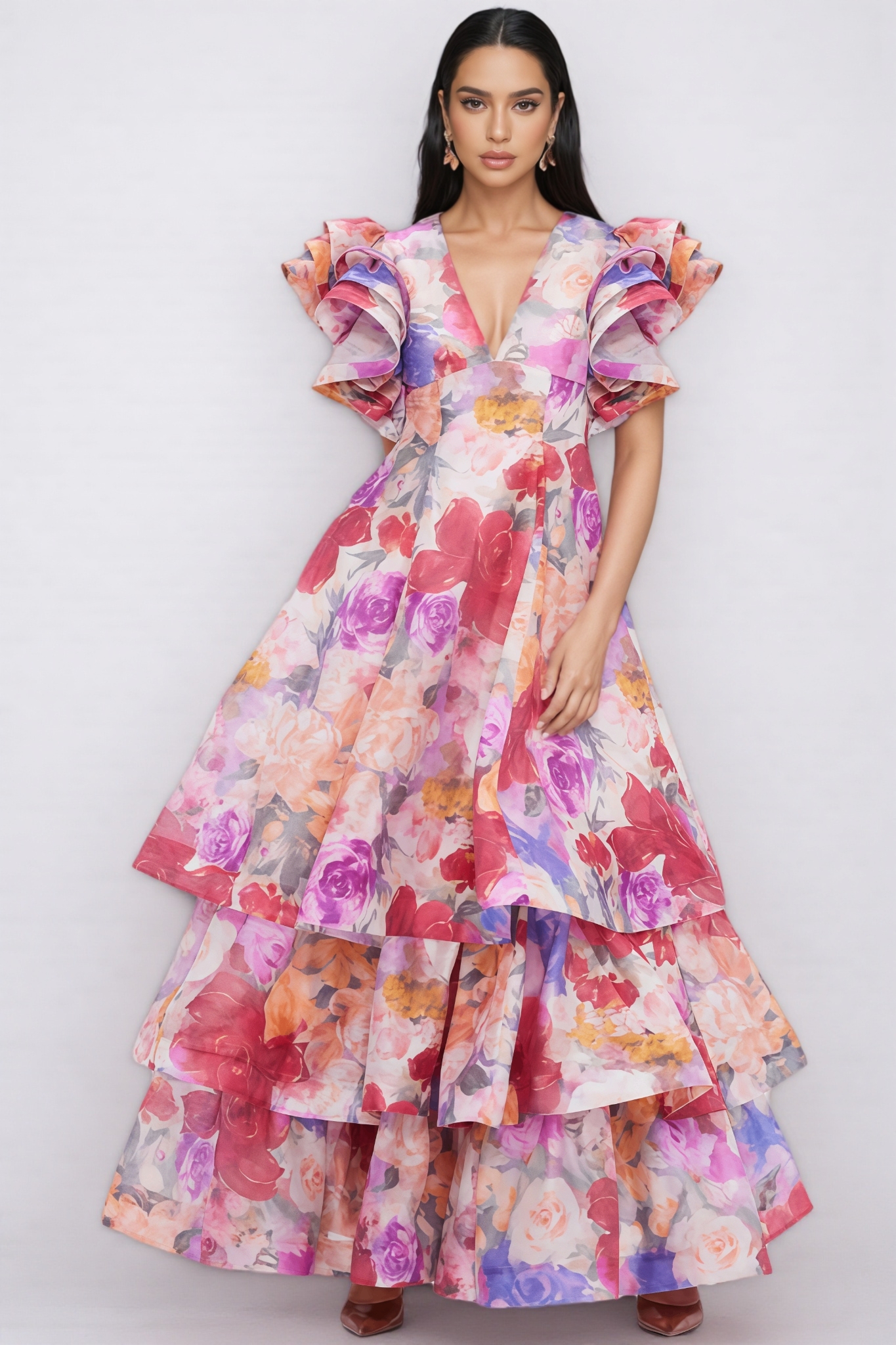 Mabel V Neck Floral Ruffle Maxi Dress