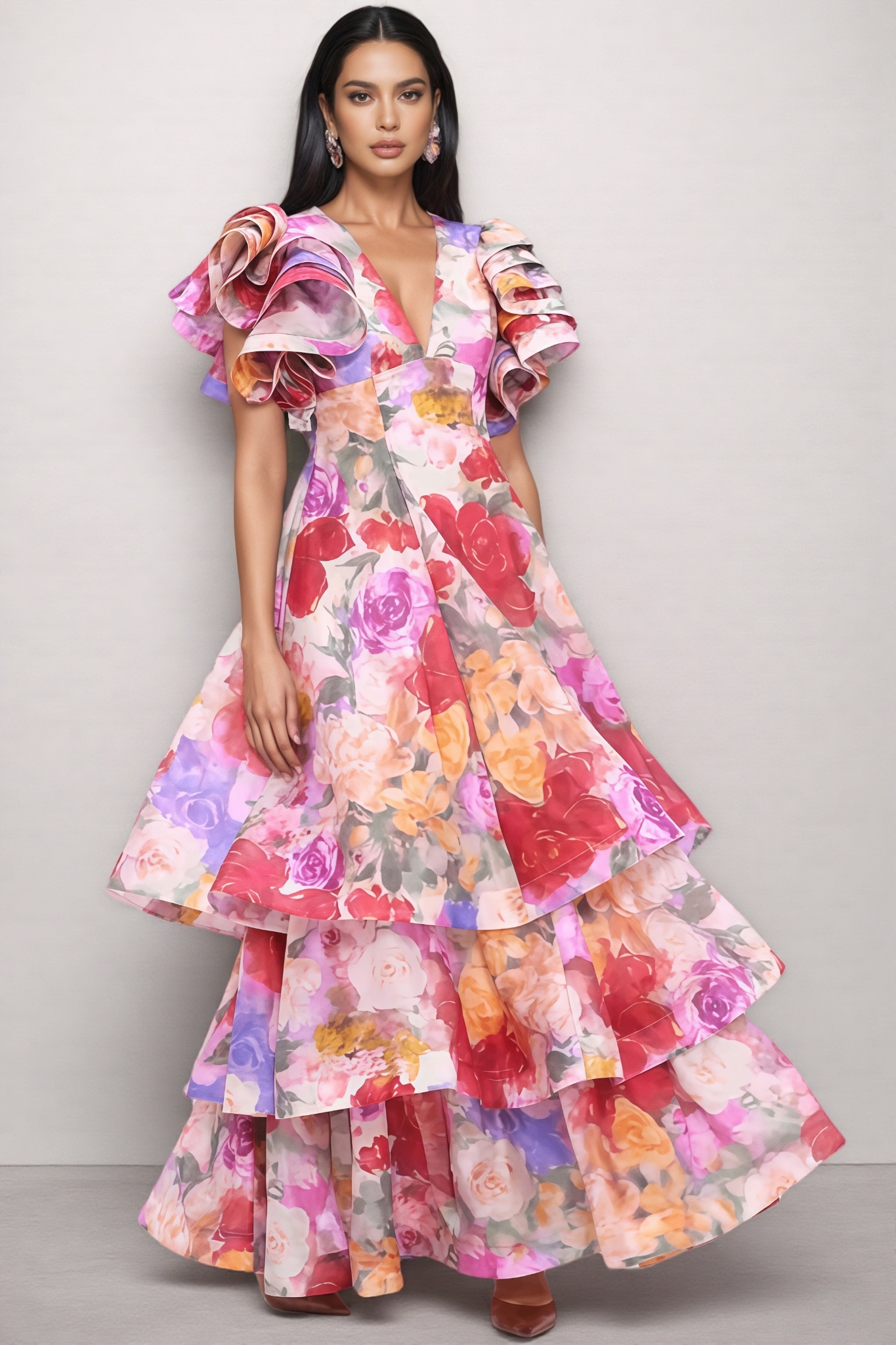 Mabel V Neck Floral Ruffle Maxi Dress