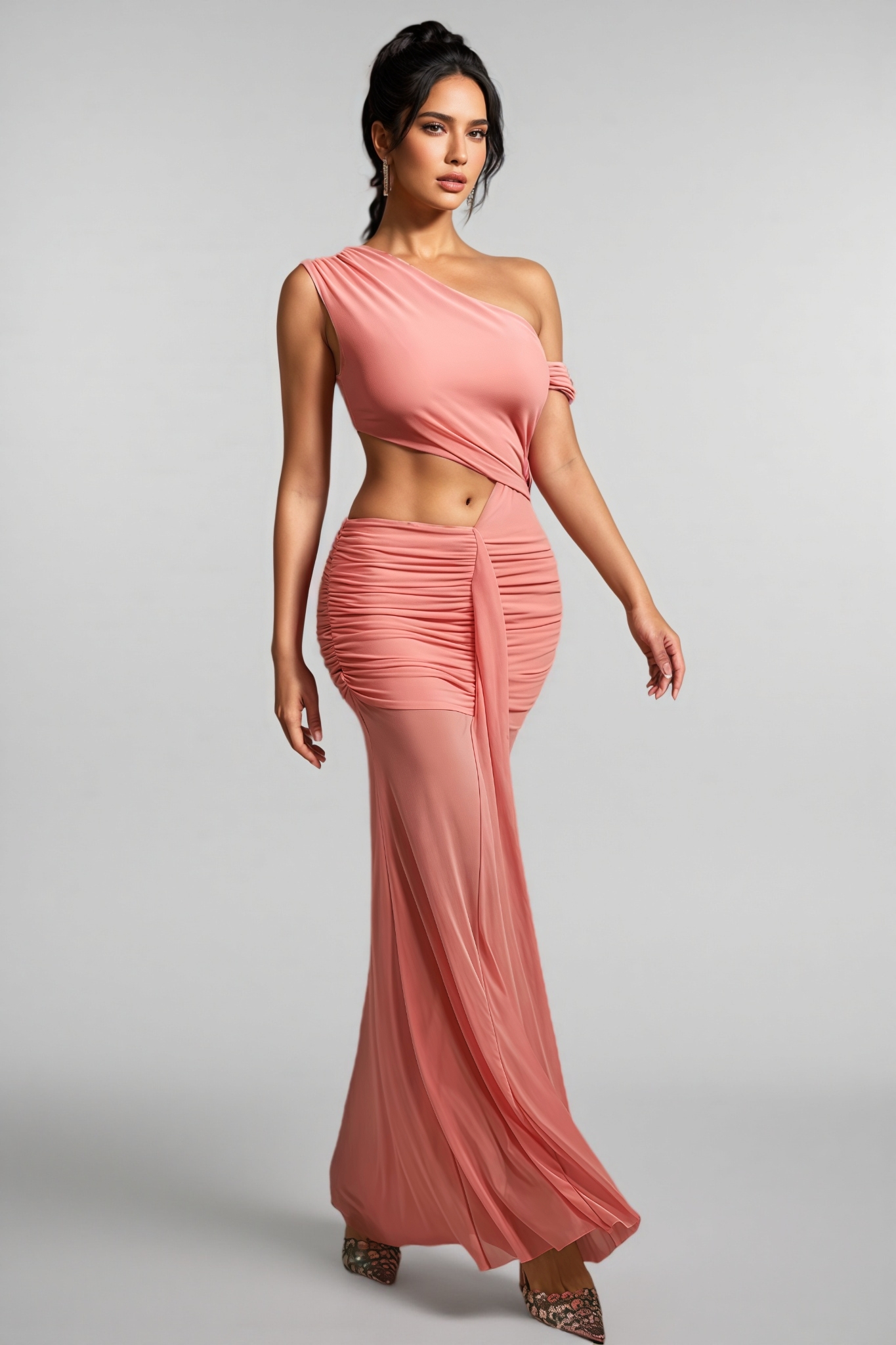 Orielrt Cutout Ruched Mesh Maxi Dress