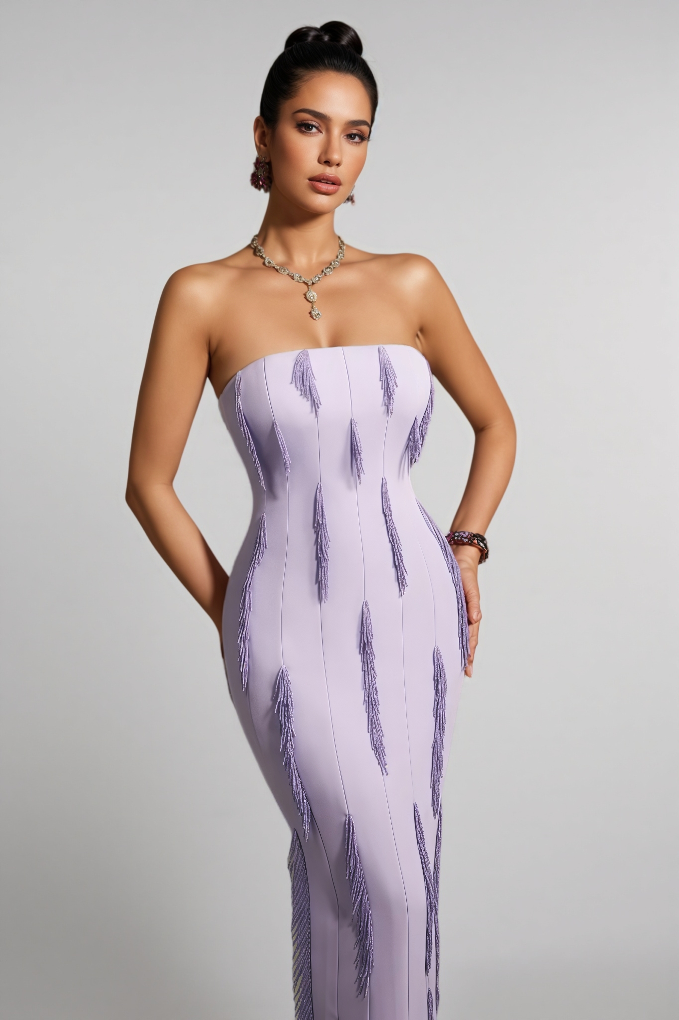 Liorald Strapless Beaded Fringe Maxi Dress