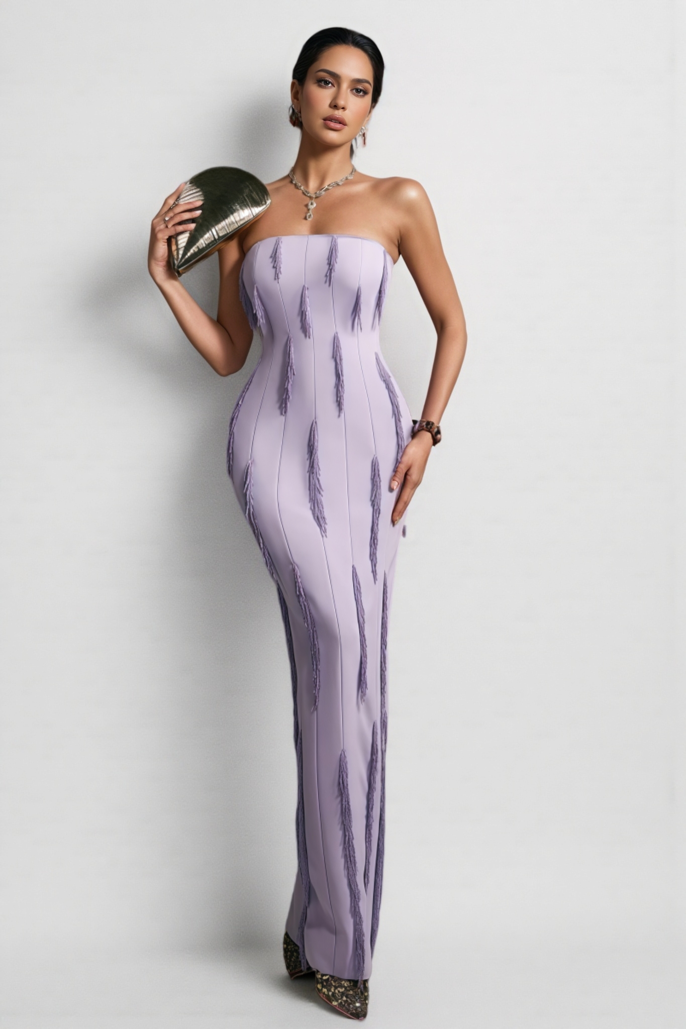 Liorald Strapless Beaded Fringe Maxi Dress