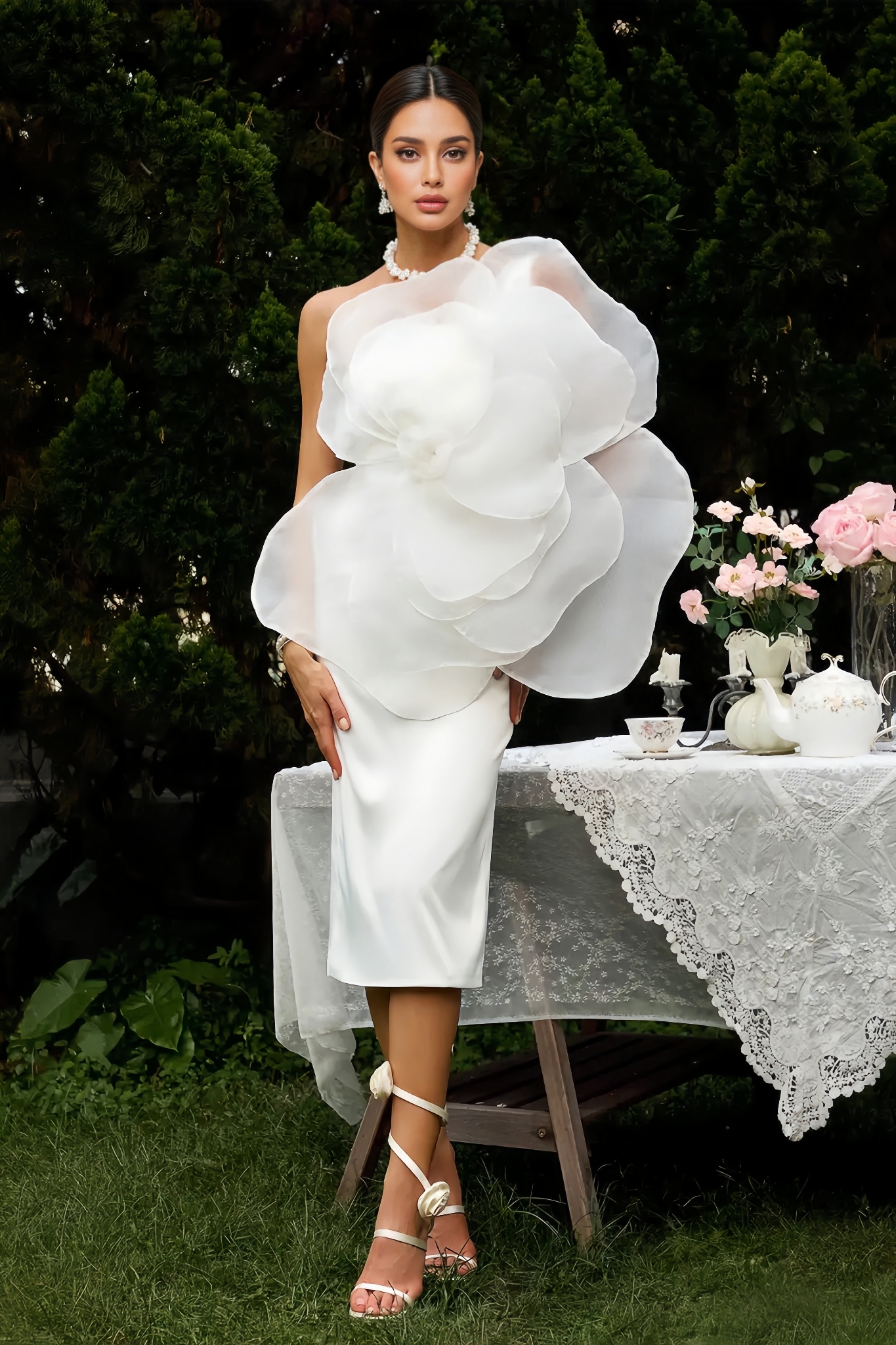 Linia Slant Shoulder 3D Floral Midi Dress-White