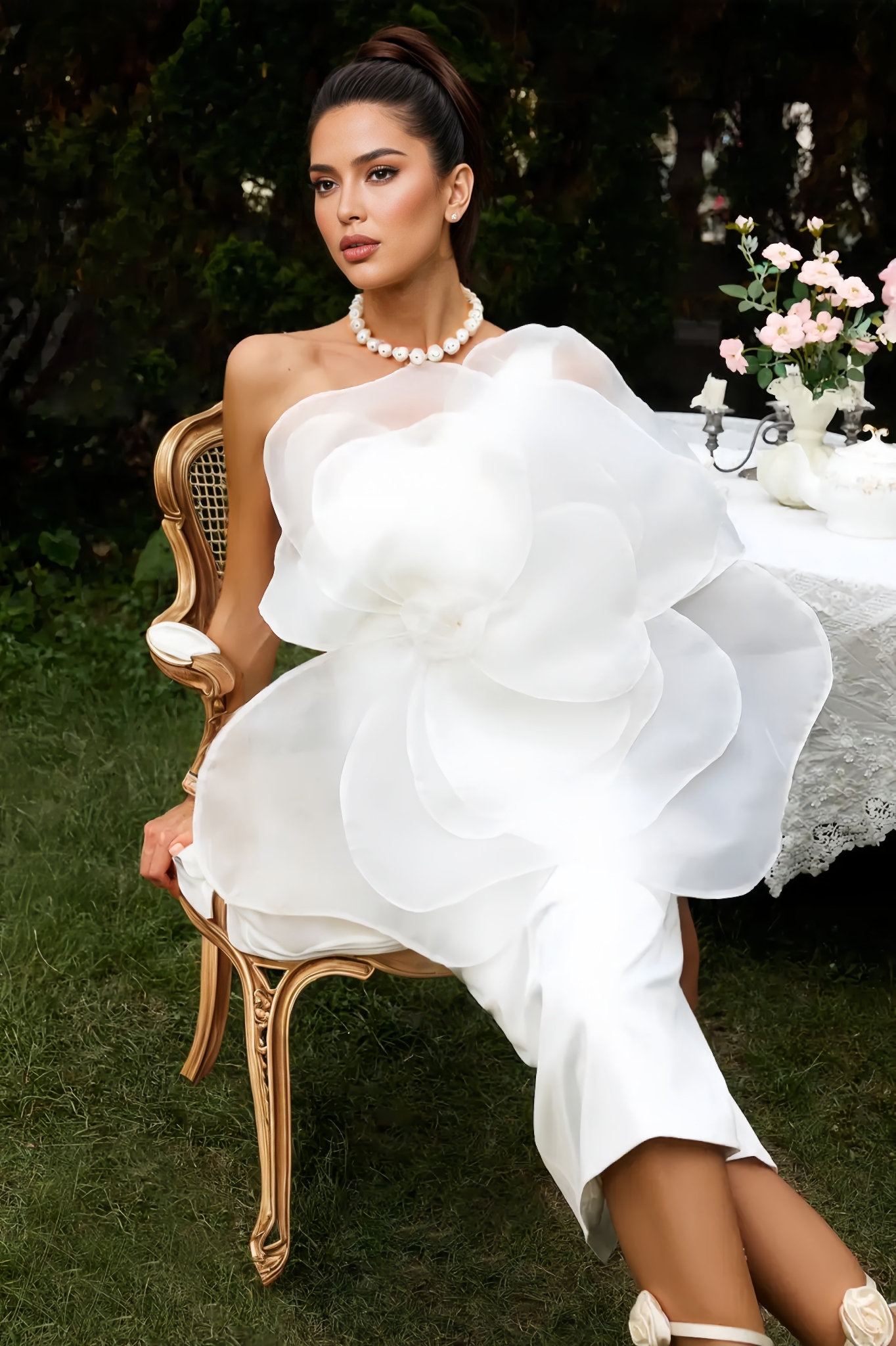 Linia Slant Shoulder 3D Floral Midi Dress-White