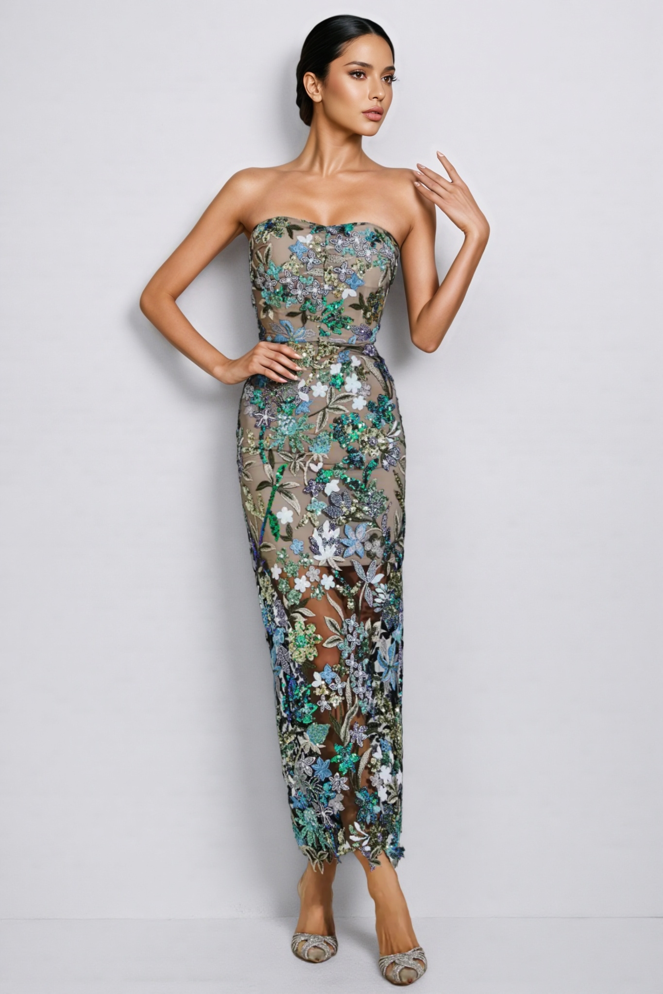 Aisia Sequin Floral Maxi Dress-Blue