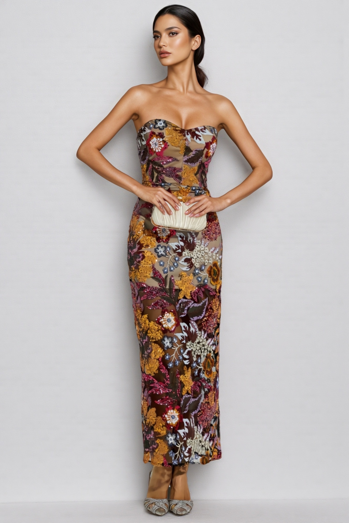 Milia Sequin Floral Maxi Dress-Red