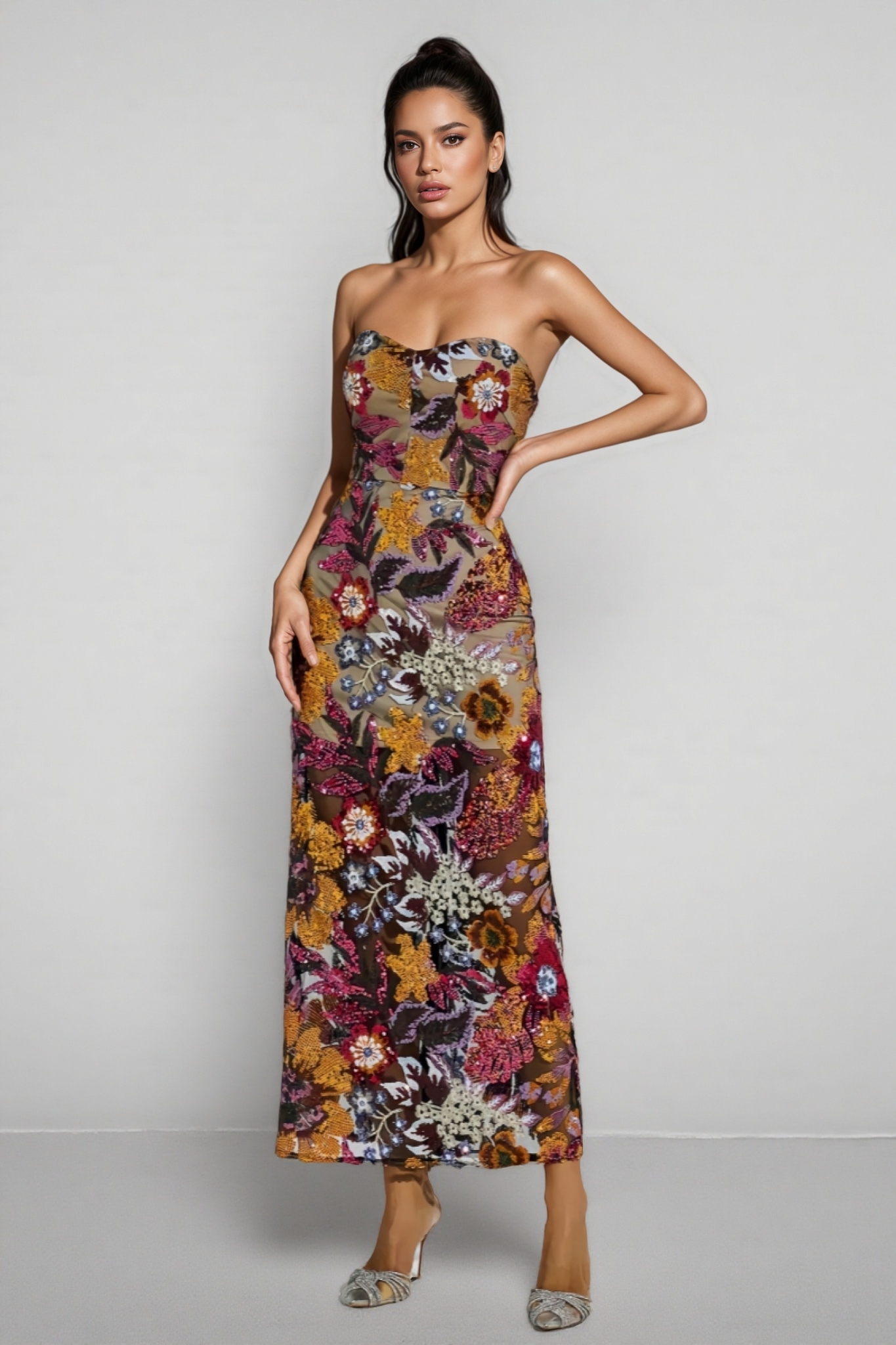 Milia Sequin Floral Maxi Dress-Red